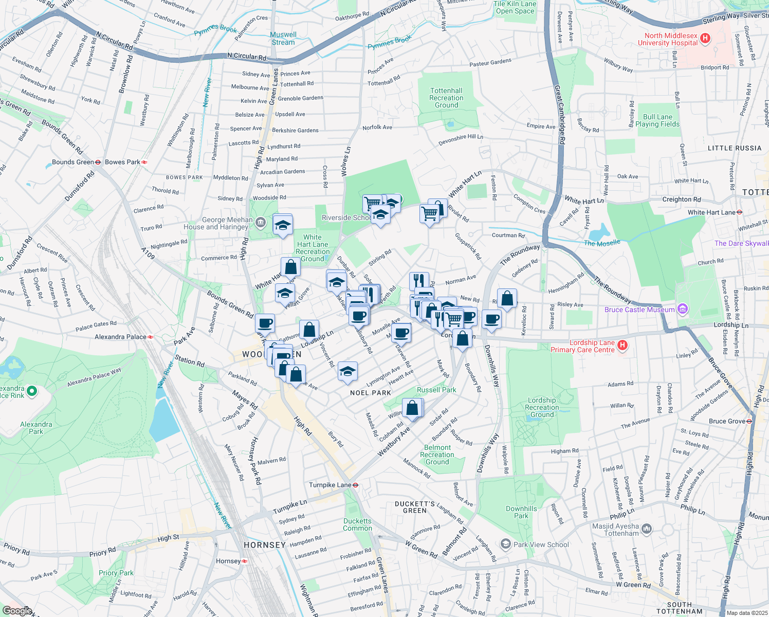 map of restaurants, bars, coffee shops, grocery stores, and more near Lordship Lane in Greater London