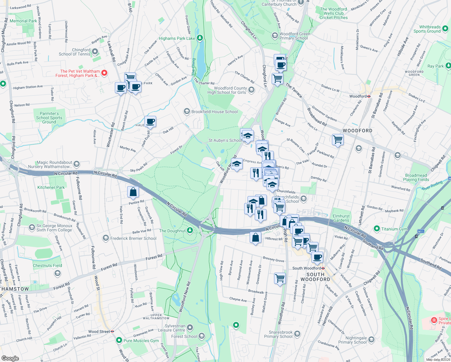 map of restaurants, bars, coffee shops, grocery stores, and more near in Woodford