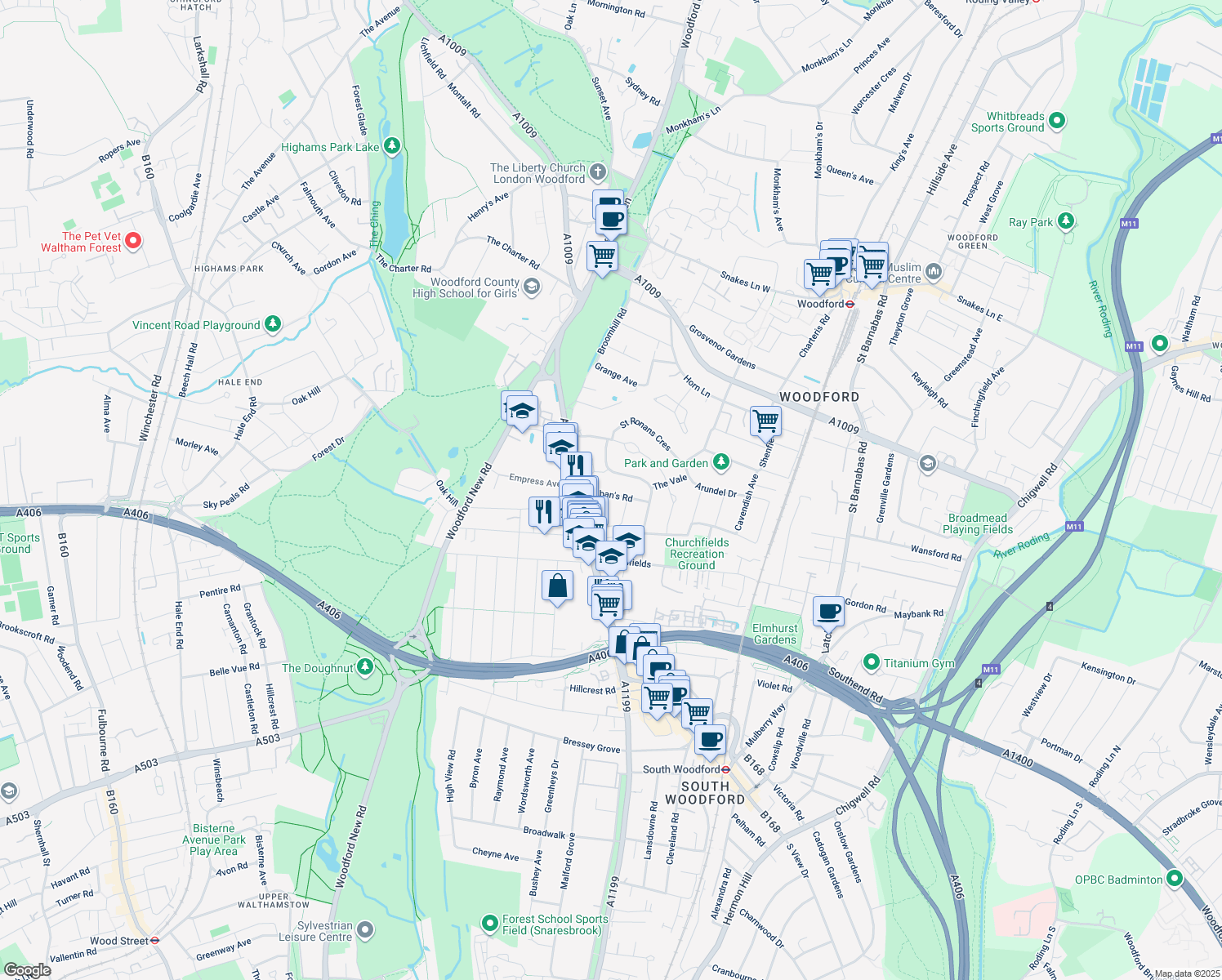 map of restaurants, bars, coffee shops, grocery stores, and more near in Woodford