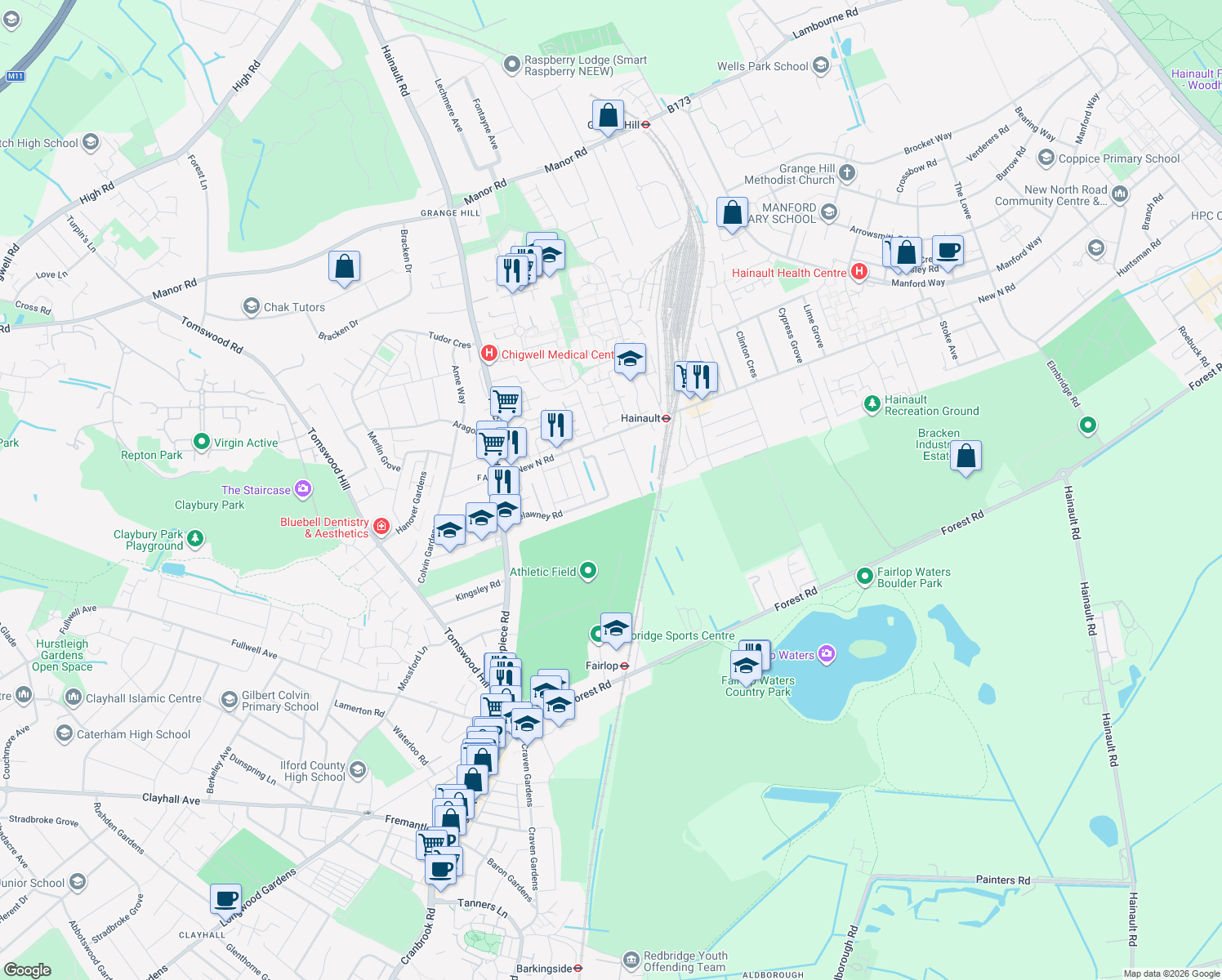 map of restaurants, bars, coffee shops, grocery stores, and more near in Ilford