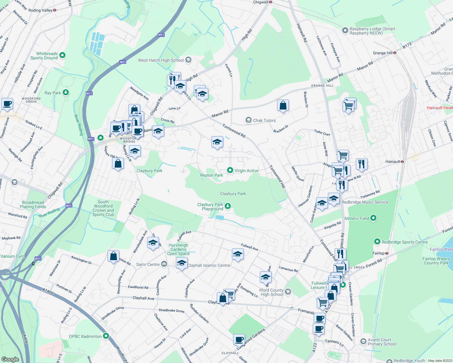map of restaurants, bars, coffee shops, grocery stores, and more near Regents Drive in Greater London
