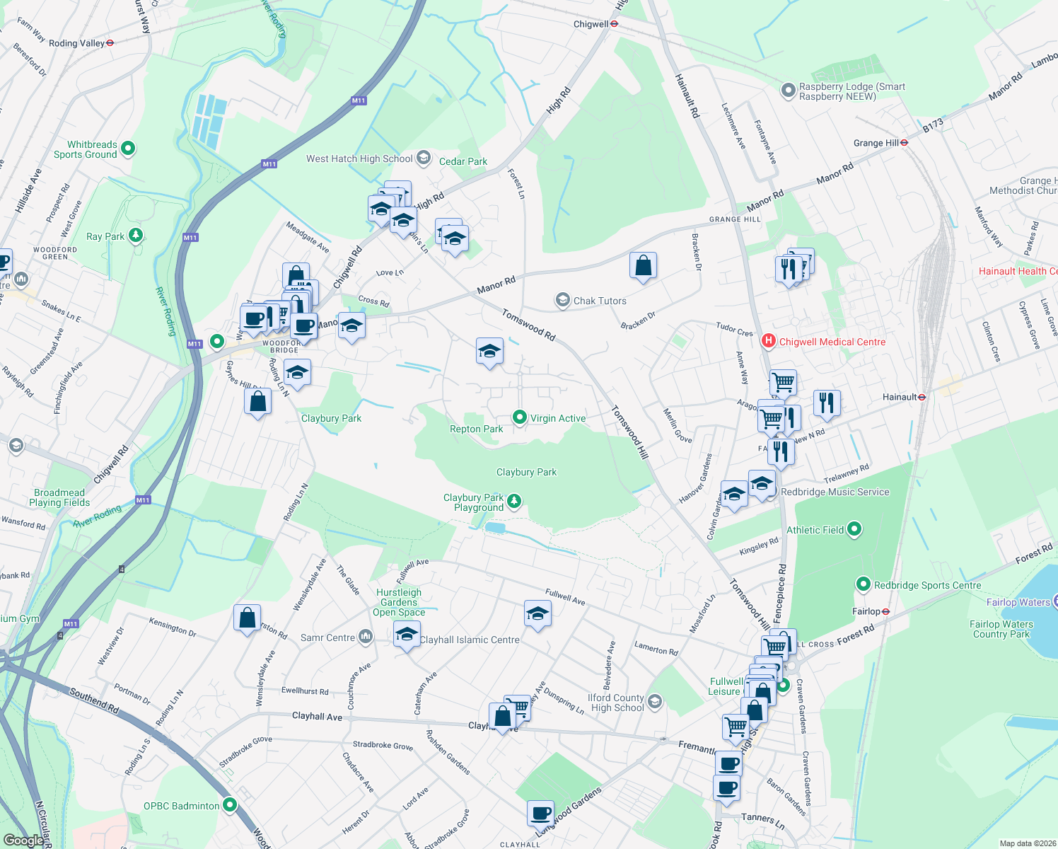 map of restaurants, bars, coffee shops, grocery stores, and more near Richmond Drive in Greater London
