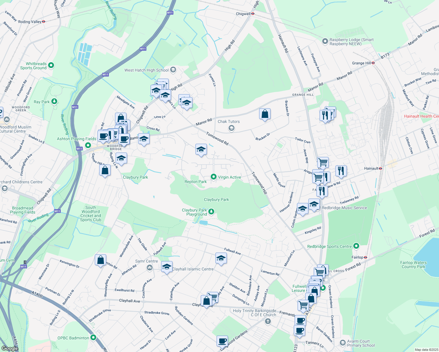 map of restaurants, bars, coffee shops, grocery stores, and more near Richmond Drive in Greater London