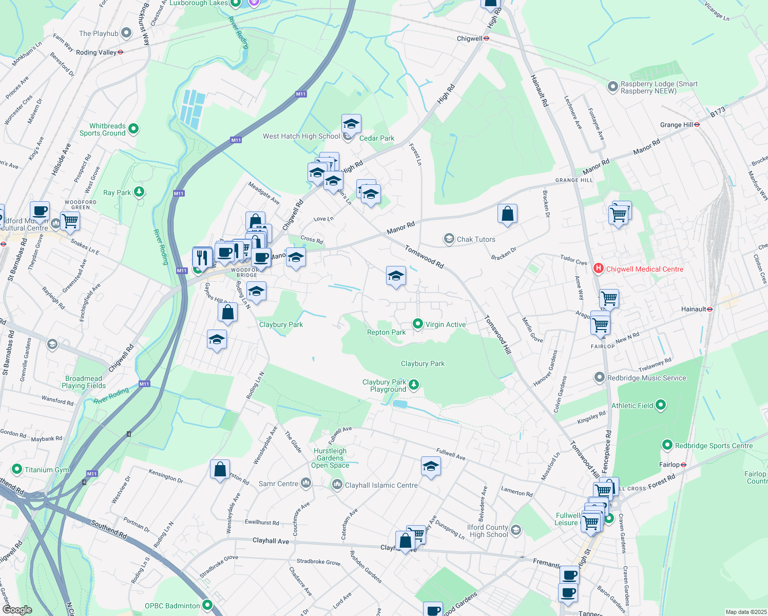 map of restaurants, bars, coffee shops, grocery stores, and more near 30 Rosebury Square in Woodford