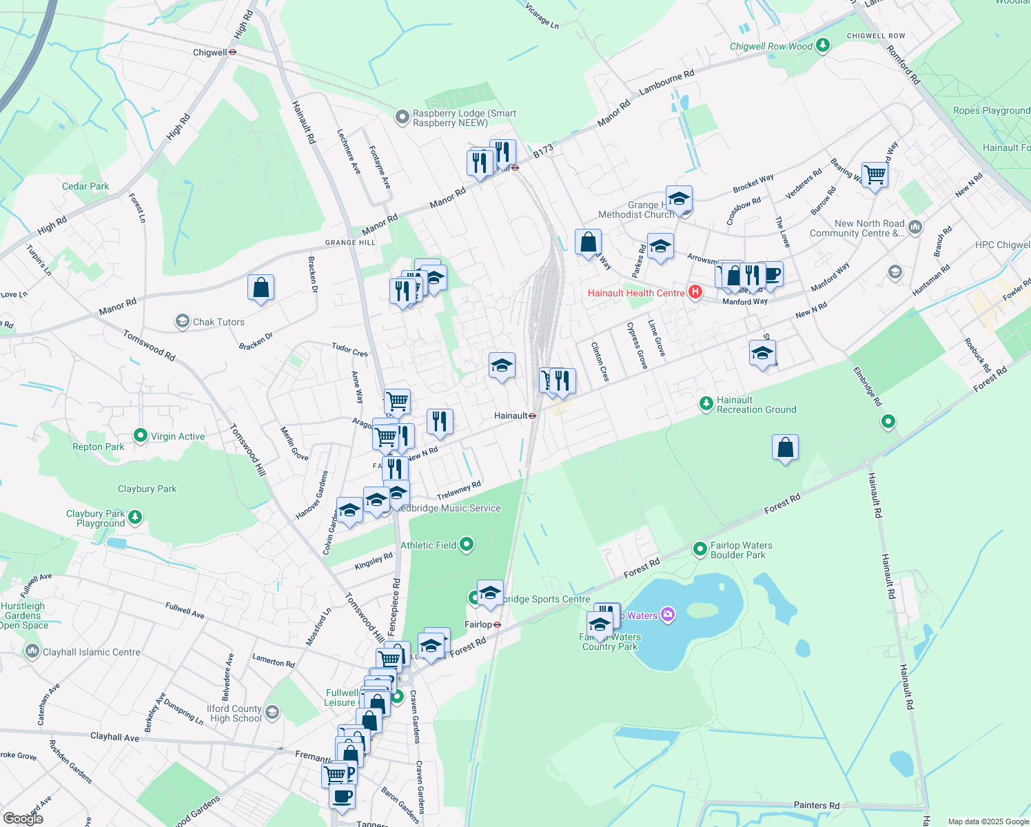 map of restaurants, bars, coffee shops, grocery stores, and more near in Ilford