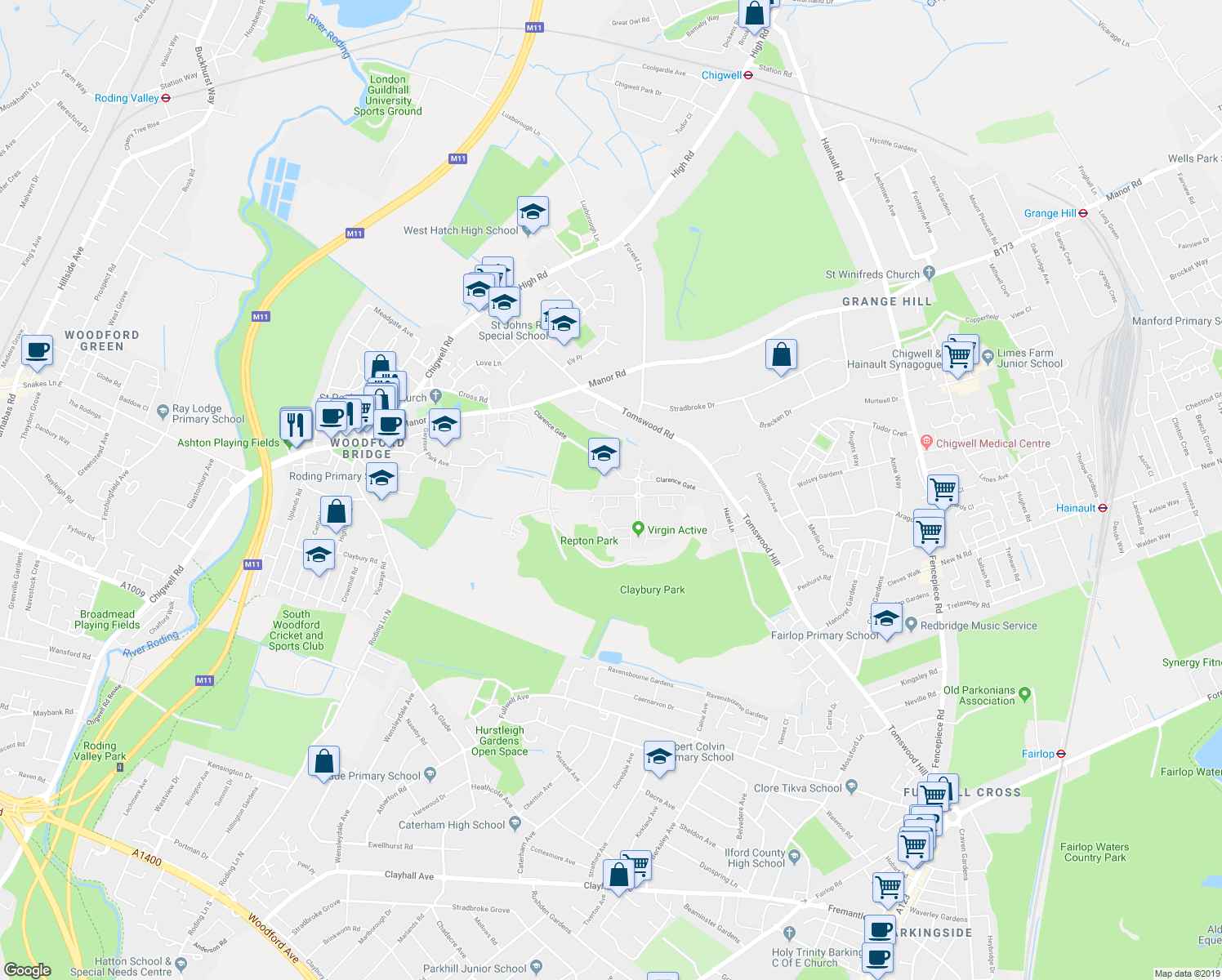 map of restaurants, bars, coffee shops, grocery stores, and more near 30 Rosebury Square in Woodford