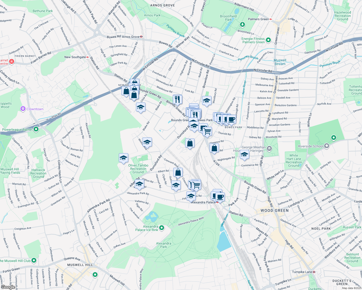 map of restaurants, bars, coffee shops, grocery stores, and more near Park Grove in Greater London