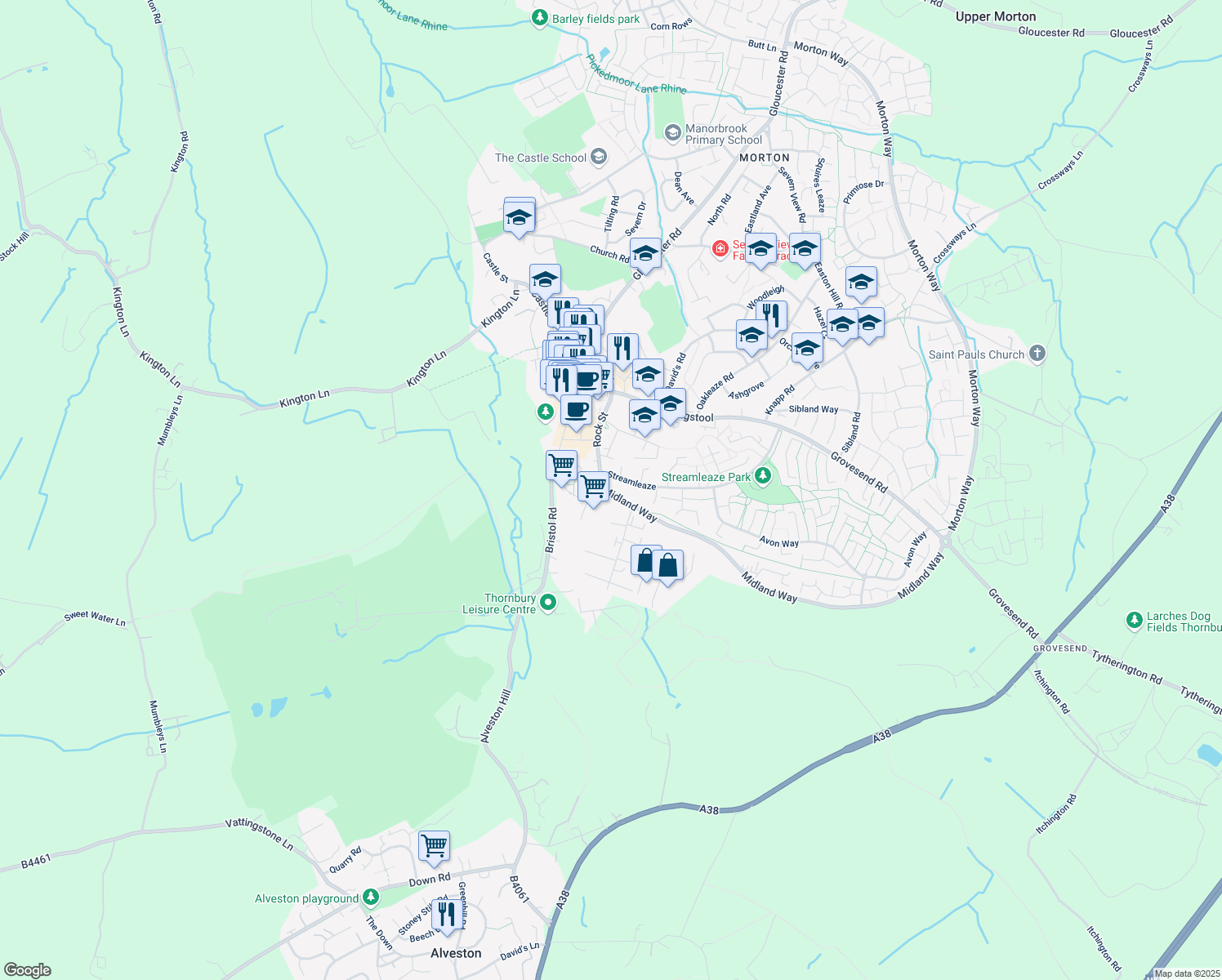 map of restaurants, bars, coffee shops, grocery stores, and more near Midland Way in Thornbury