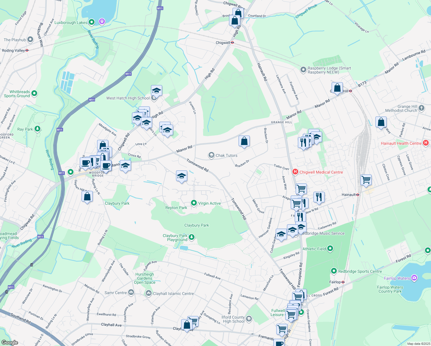 map of restaurants, bars, coffee shops, grocery stores, and more near 30 Tomswood Road in Essex