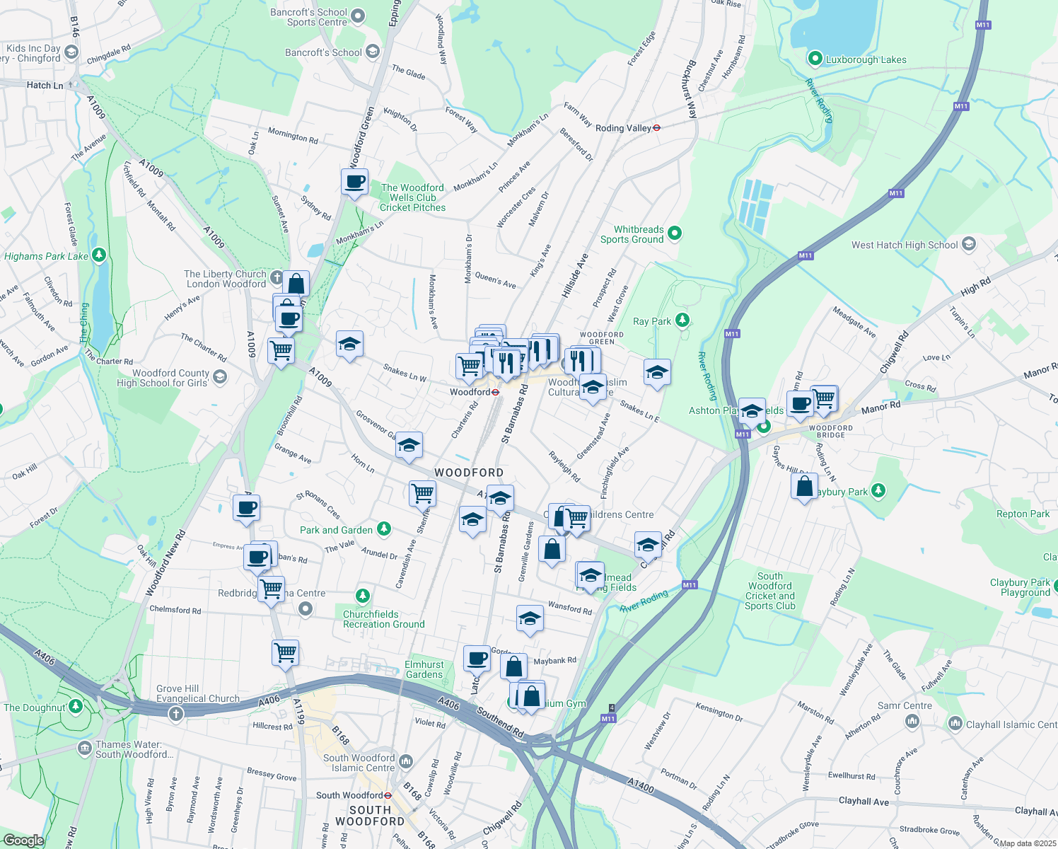map of restaurants, bars, coffee shops, grocery stores, and more near 45 Theydon Grove in Greater London