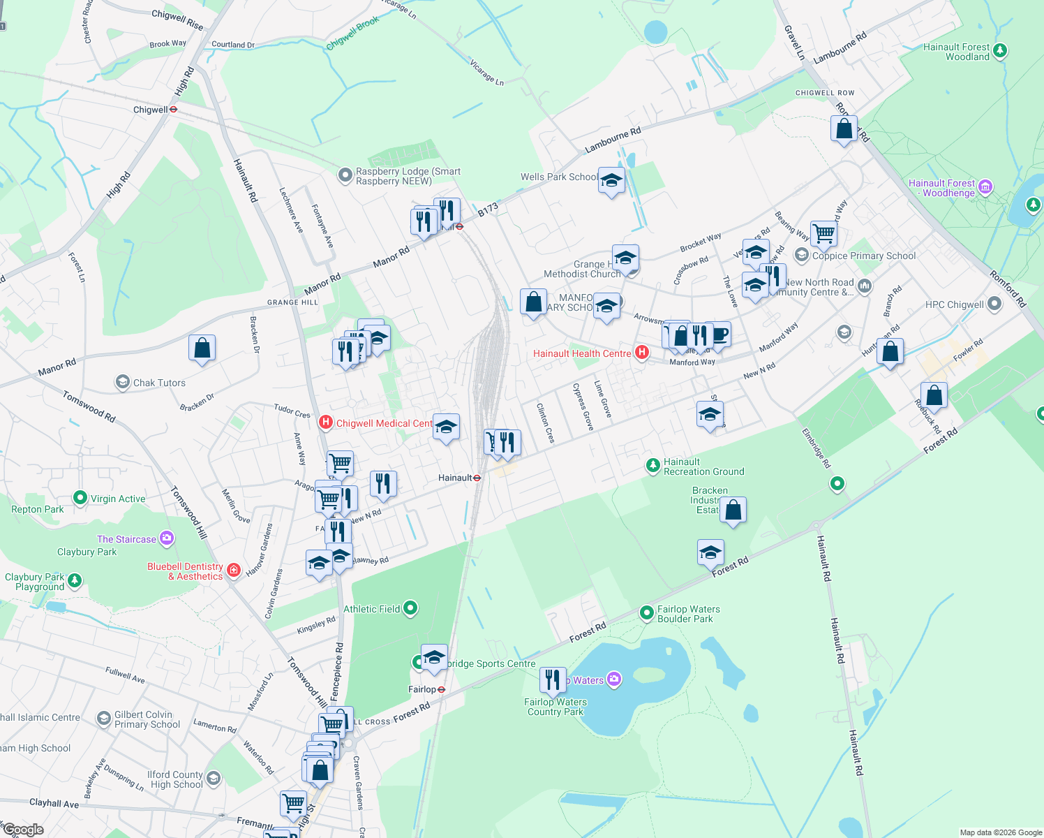 map of restaurants, bars, coffee shops, grocery stores, and more near 39 Clinton Crescent in Greater London