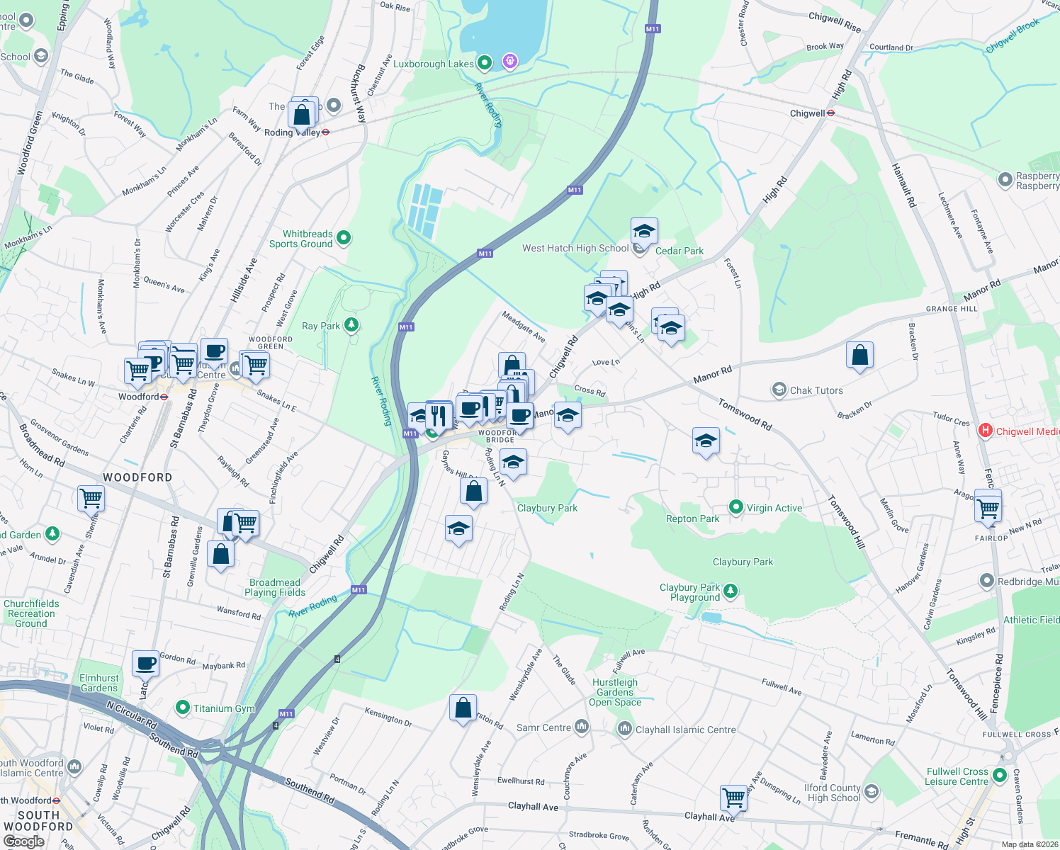 map of restaurants, bars, coffee shops, grocery stores, and more near in Woodford