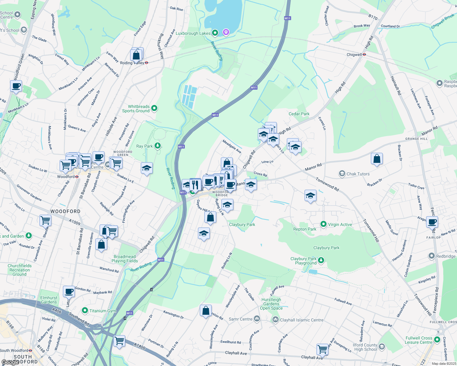 map of restaurants, bars, coffee shops, grocery stores, and more near 657 Chigwell Road in Greater London