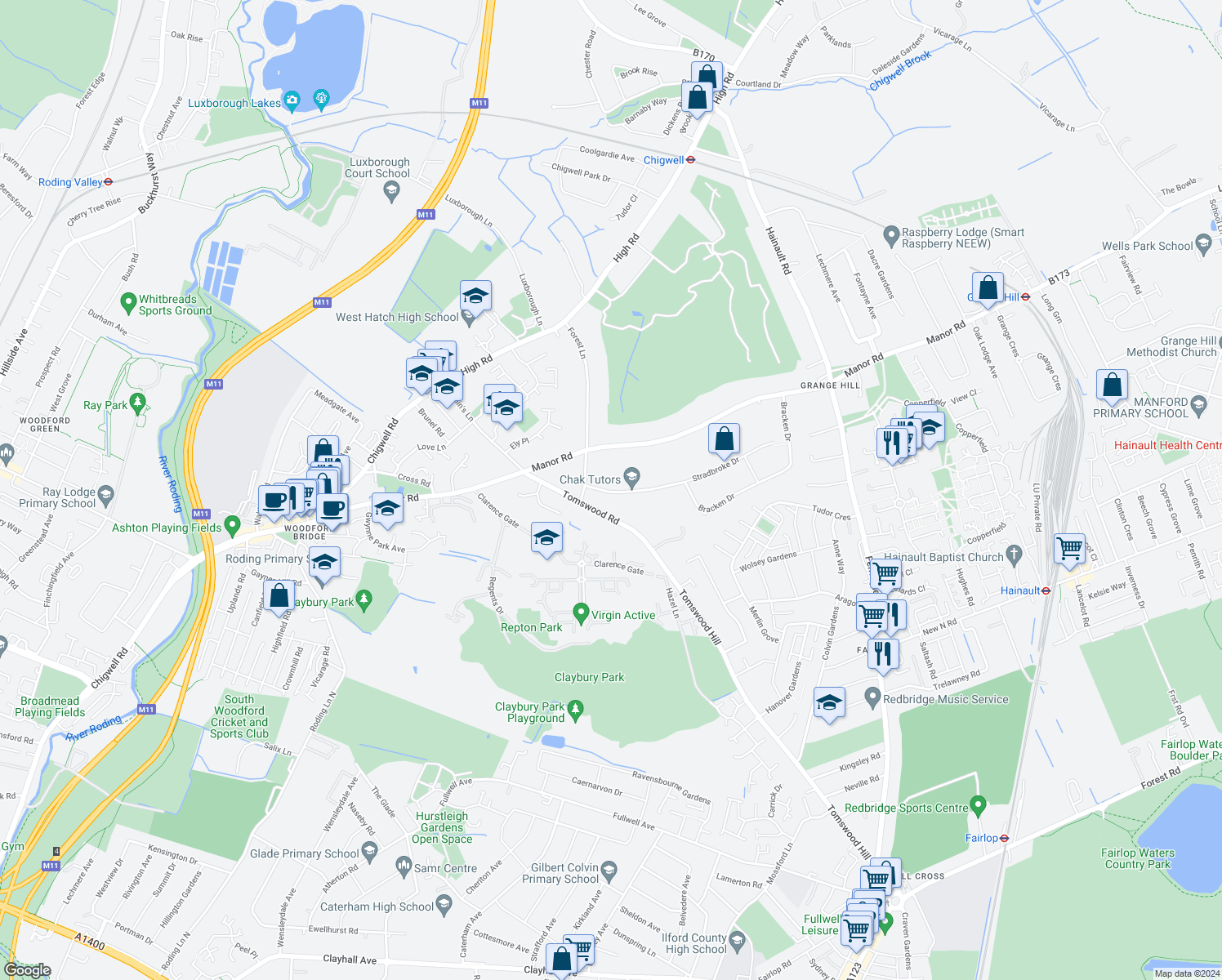 map of restaurants, bars, coffee shops, grocery stores, and more near 2 Stradbroke Drive in Essex