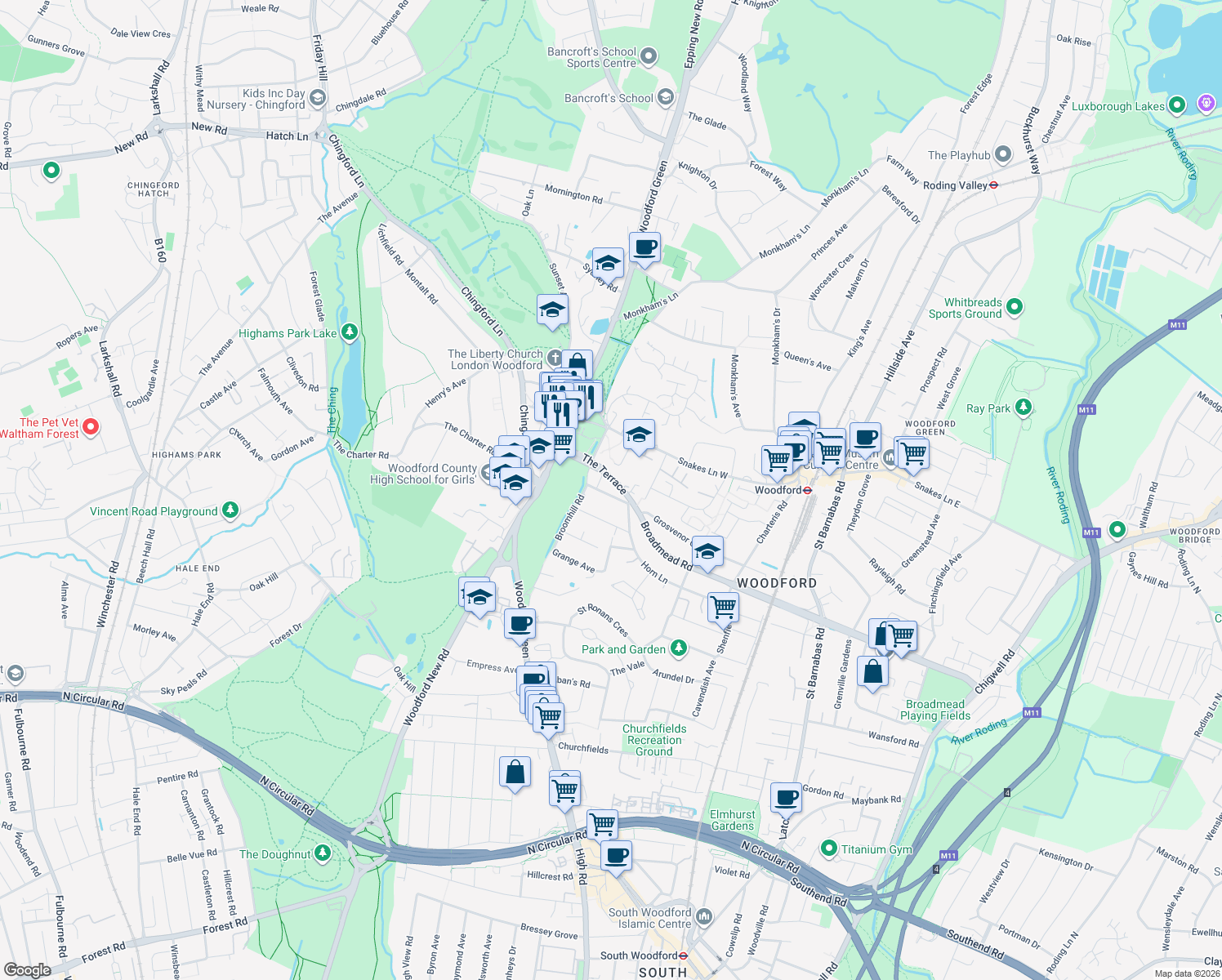 map of restaurants, bars, coffee shops, grocery stores, and more near in Greater London