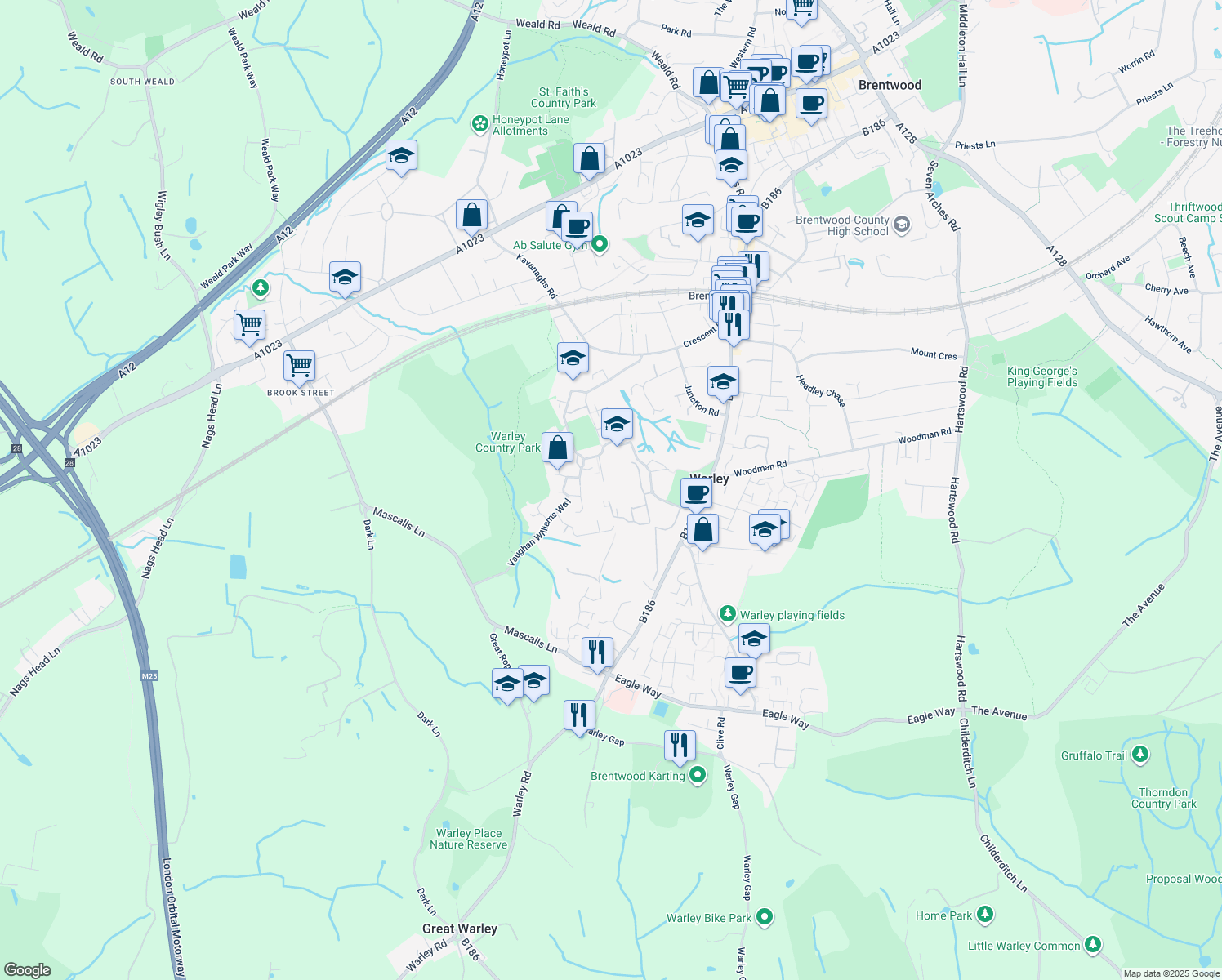 map of restaurants, bars, coffee shops, grocery stores, and more near in Warley