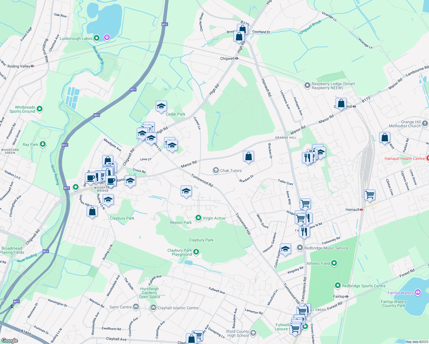 map of restaurants, bars, coffee shops, grocery stores, and more near 2 Stradbroke Drive in Essex