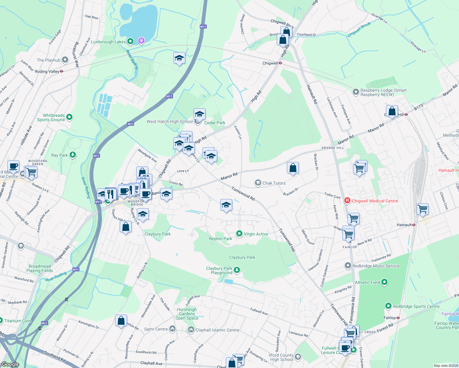 map of restaurants, bars, coffee shops, grocery stores, and more near 8 Tomswood Road in Essex