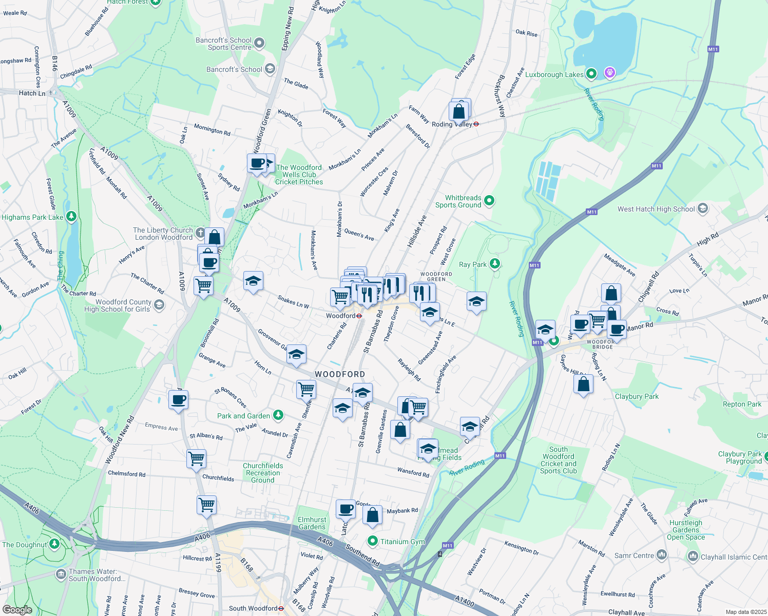 map of restaurants, bars, coffee shops, grocery stores, and more near in Greater London