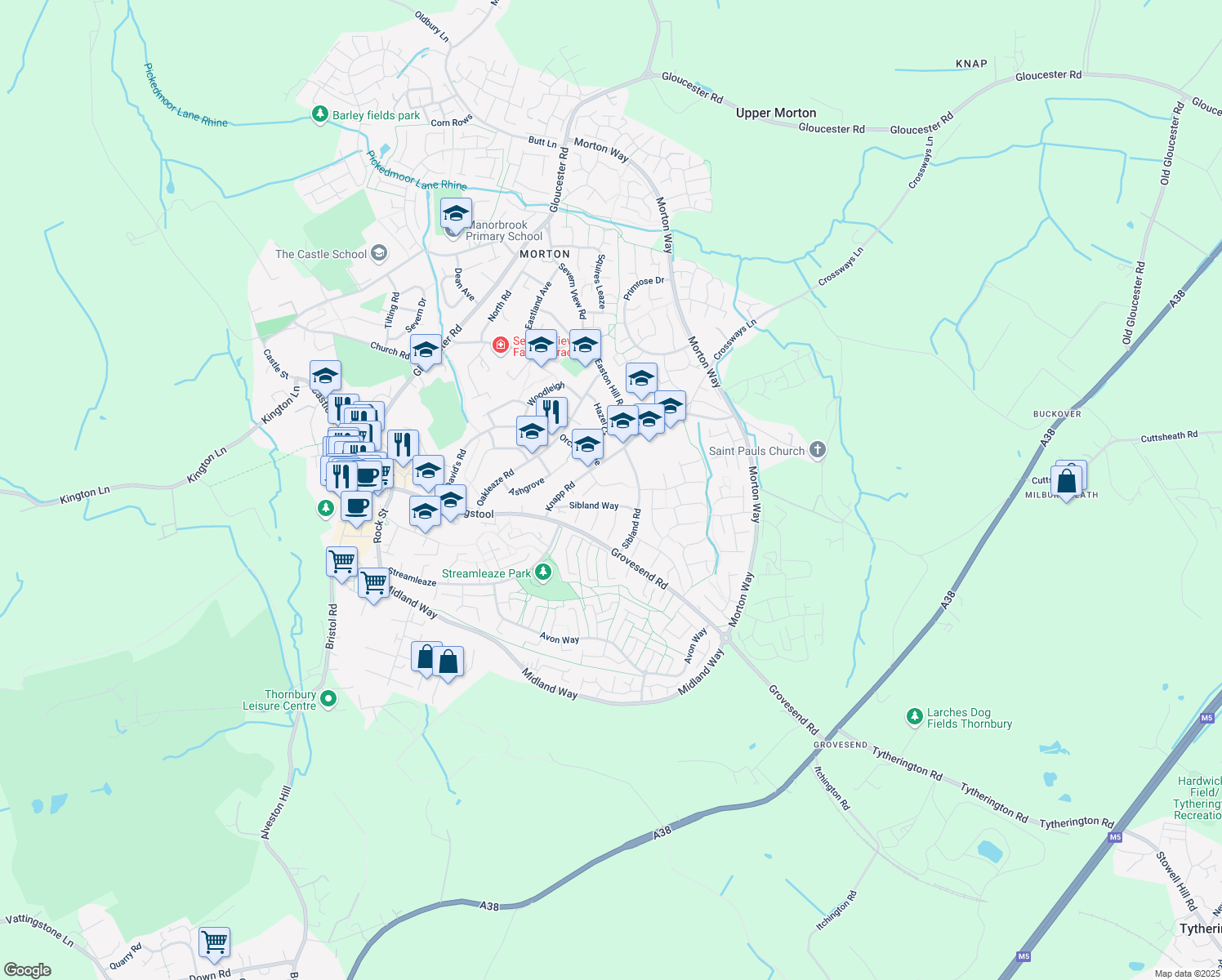 map of restaurants, bars, coffee shops, grocery stores, and more near The Paddocks in Thornbury