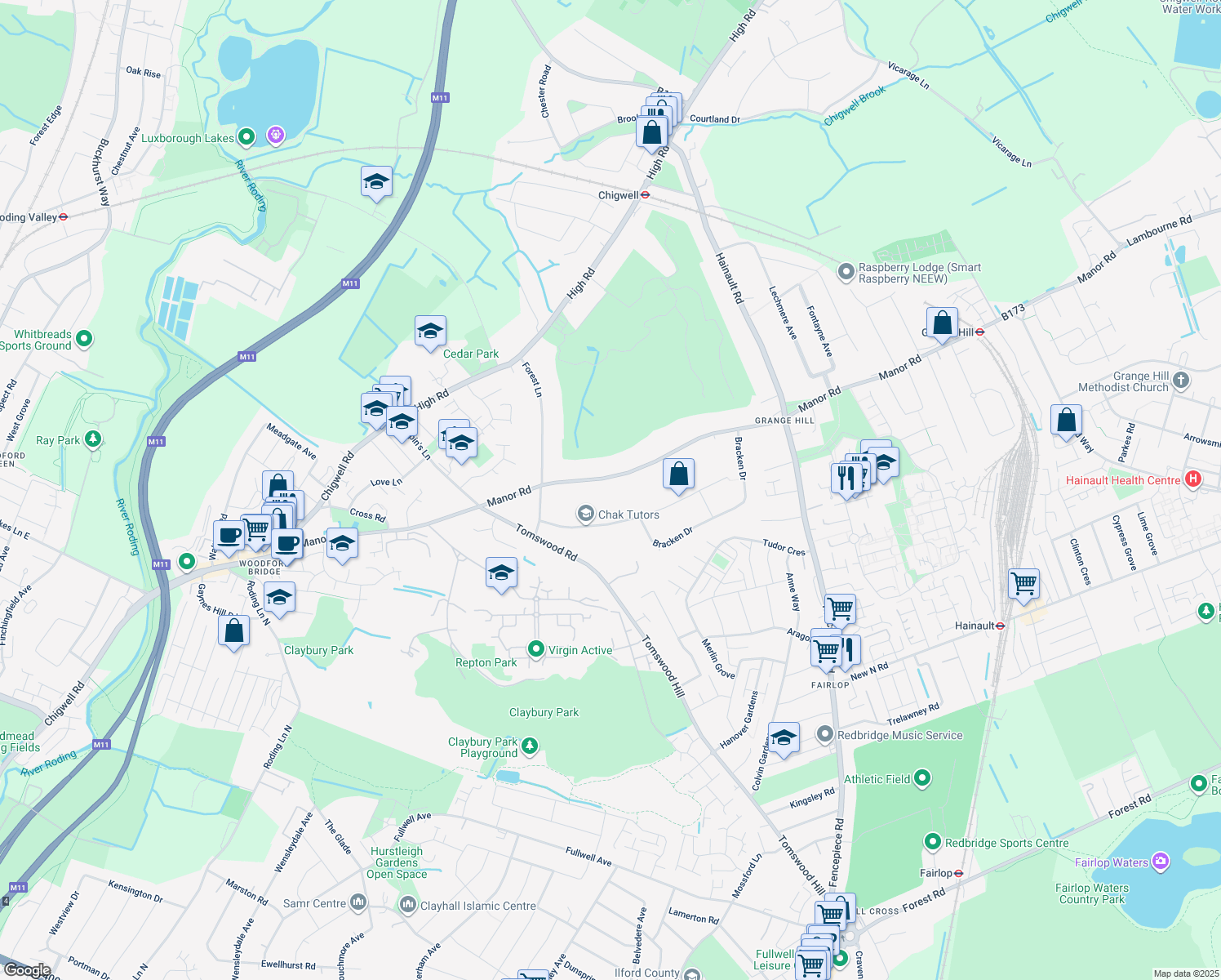 map of restaurants, bars, coffee shops, grocery stores, and more near 62 Manor Road in Essex