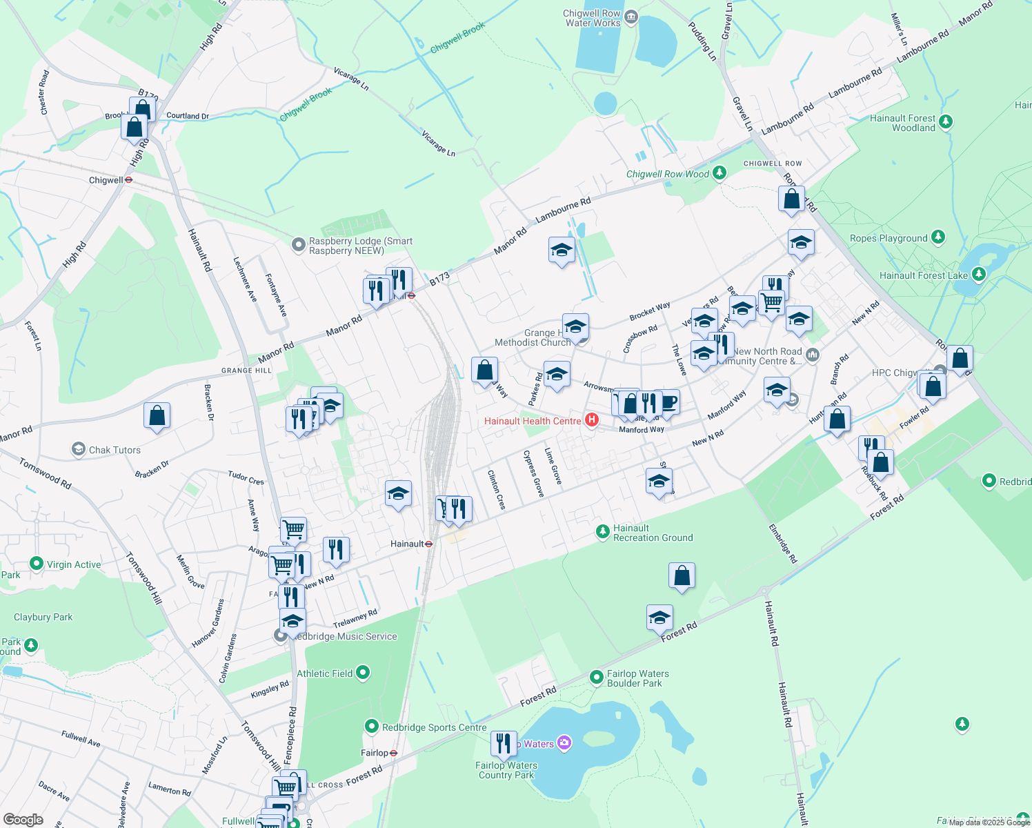 map of restaurants, bars, coffee shops, grocery stores, and more near 92 Manford Way in Ilford