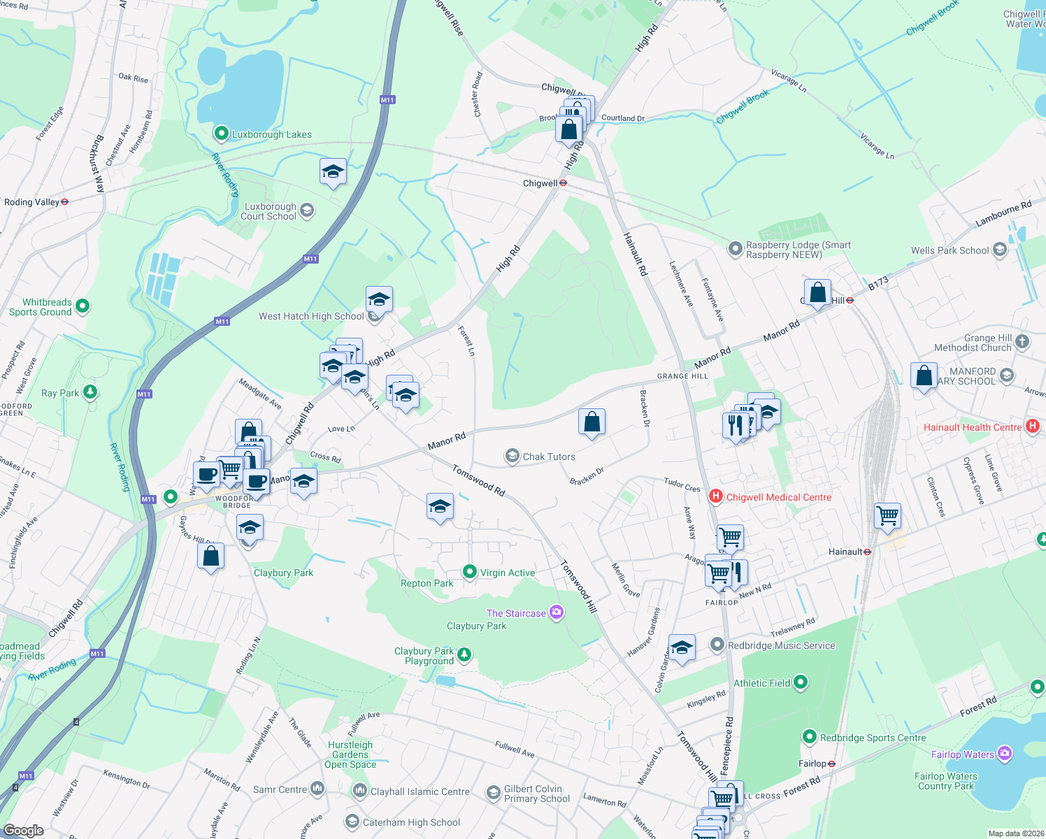 map of restaurants, bars, coffee shops, grocery stores, and more near 62 Manor Road in Essex