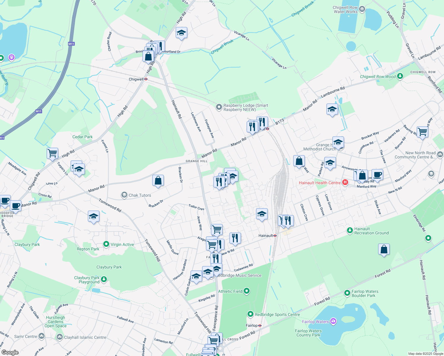 map of restaurants, bars, coffee shops, grocery stores, and more near in Chigwell