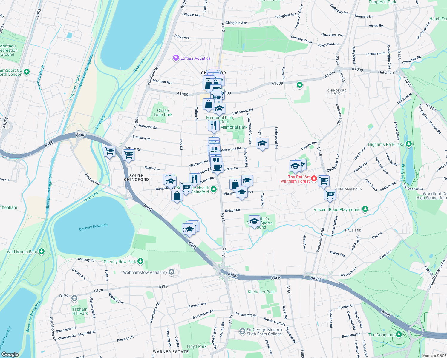 map of restaurants, bars, coffee shops, grocery stores, and more near 24-26 Chingford Mount Road in London