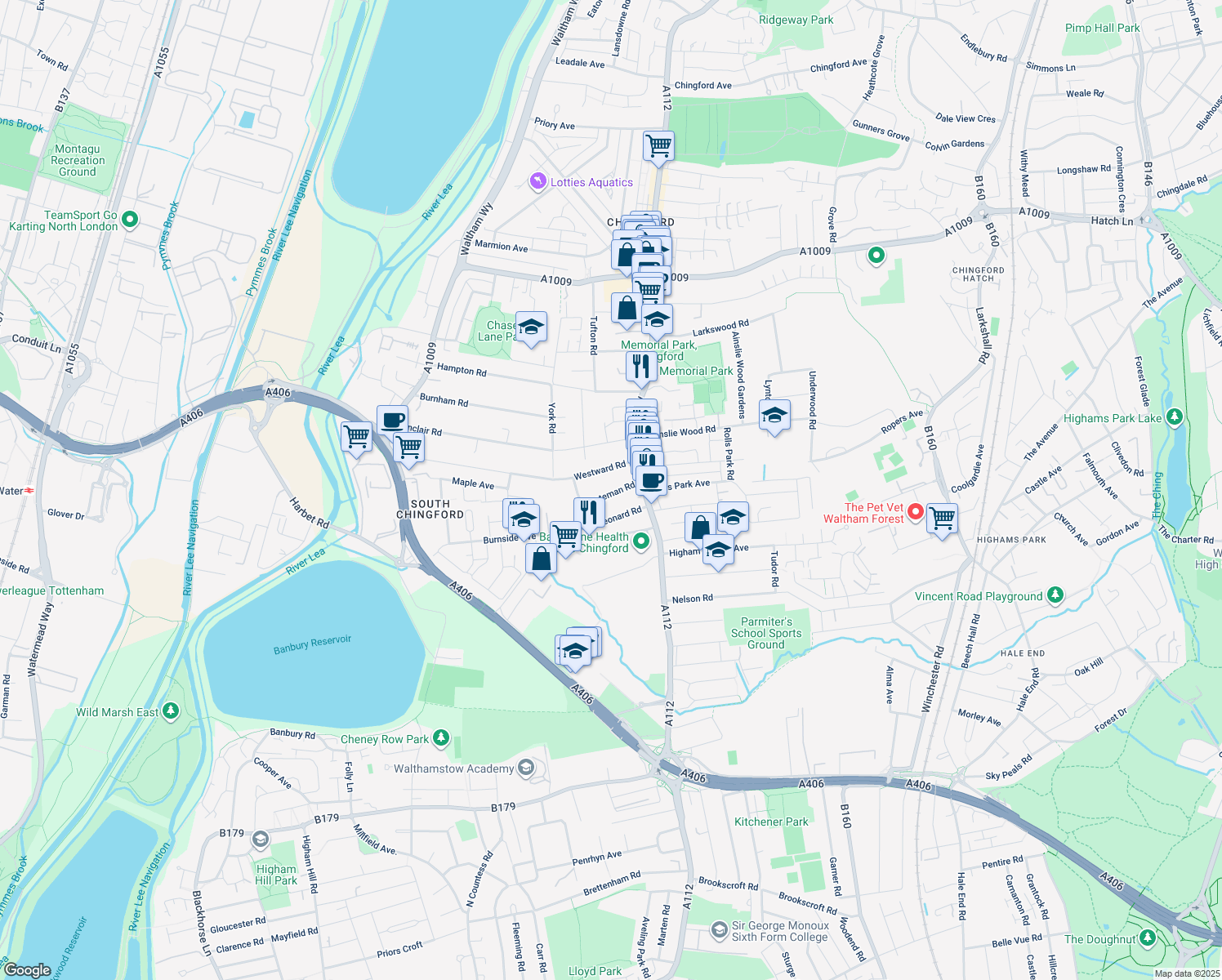 map of restaurants, bars, coffee shops, grocery stores, and more near 23 Westward Road in Greater London