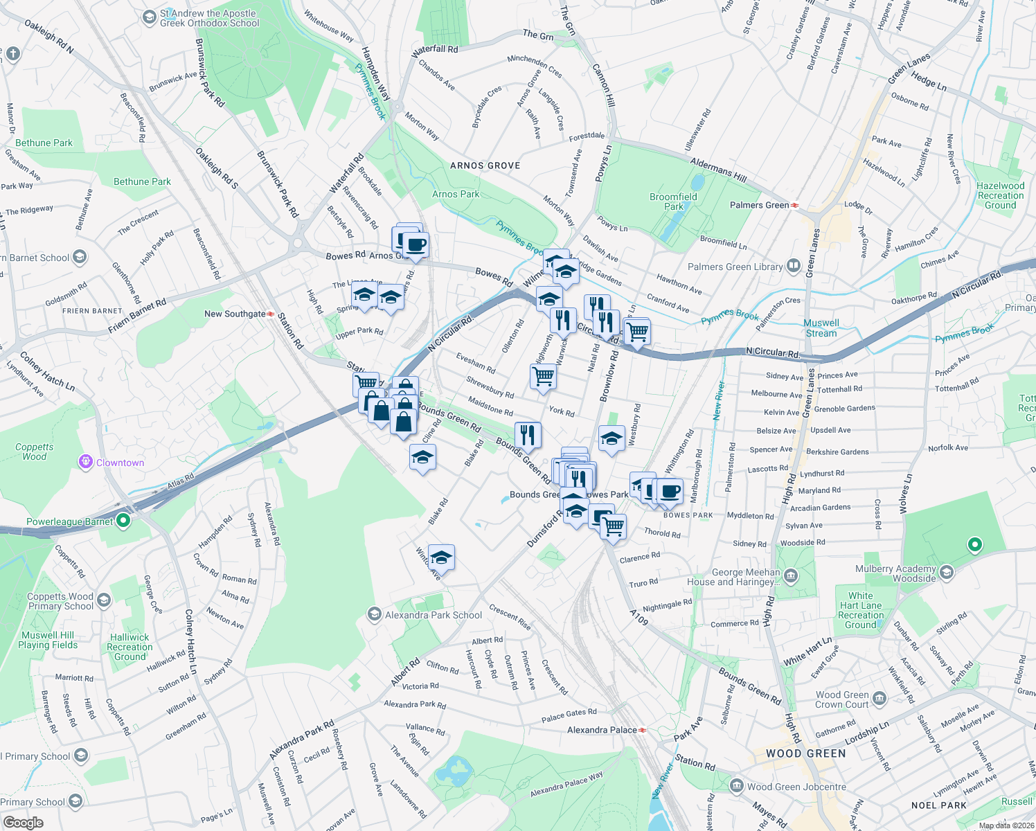 map of restaurants, bars, coffee shops, grocery stores, and more near Maidstone Road in Greater London