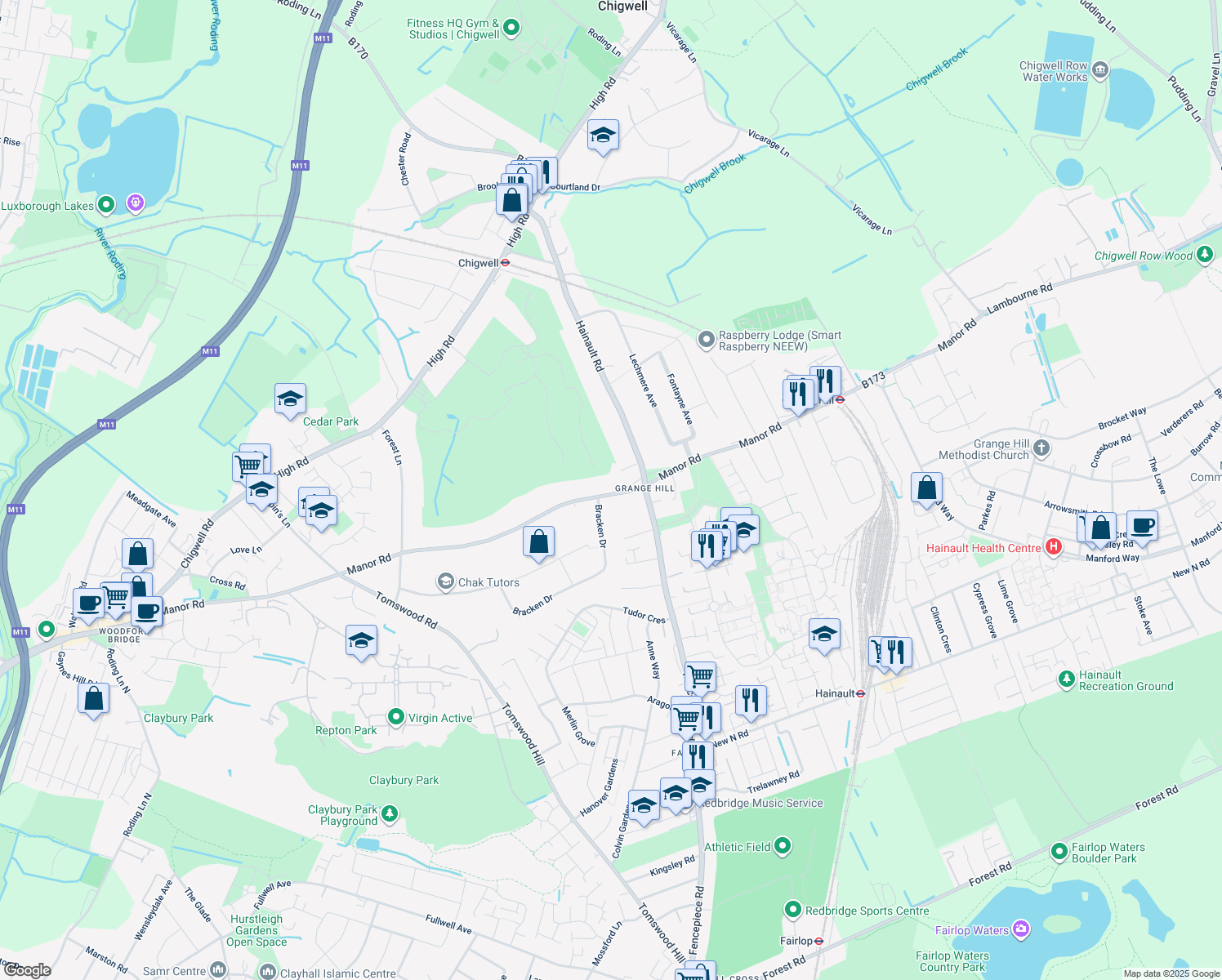 map of restaurants, bars, coffee shops, grocery stores, and more near 112 Manor Road in Essex
