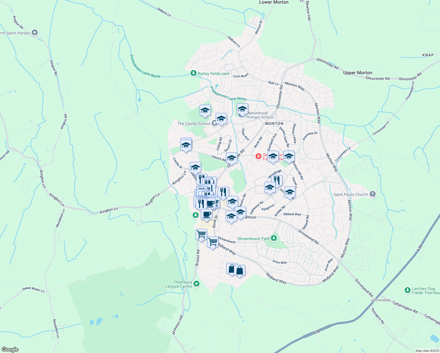 map of restaurants, bars, coffee shops, grocery stores, and more near 7 Gloucester Road in Thornbury
