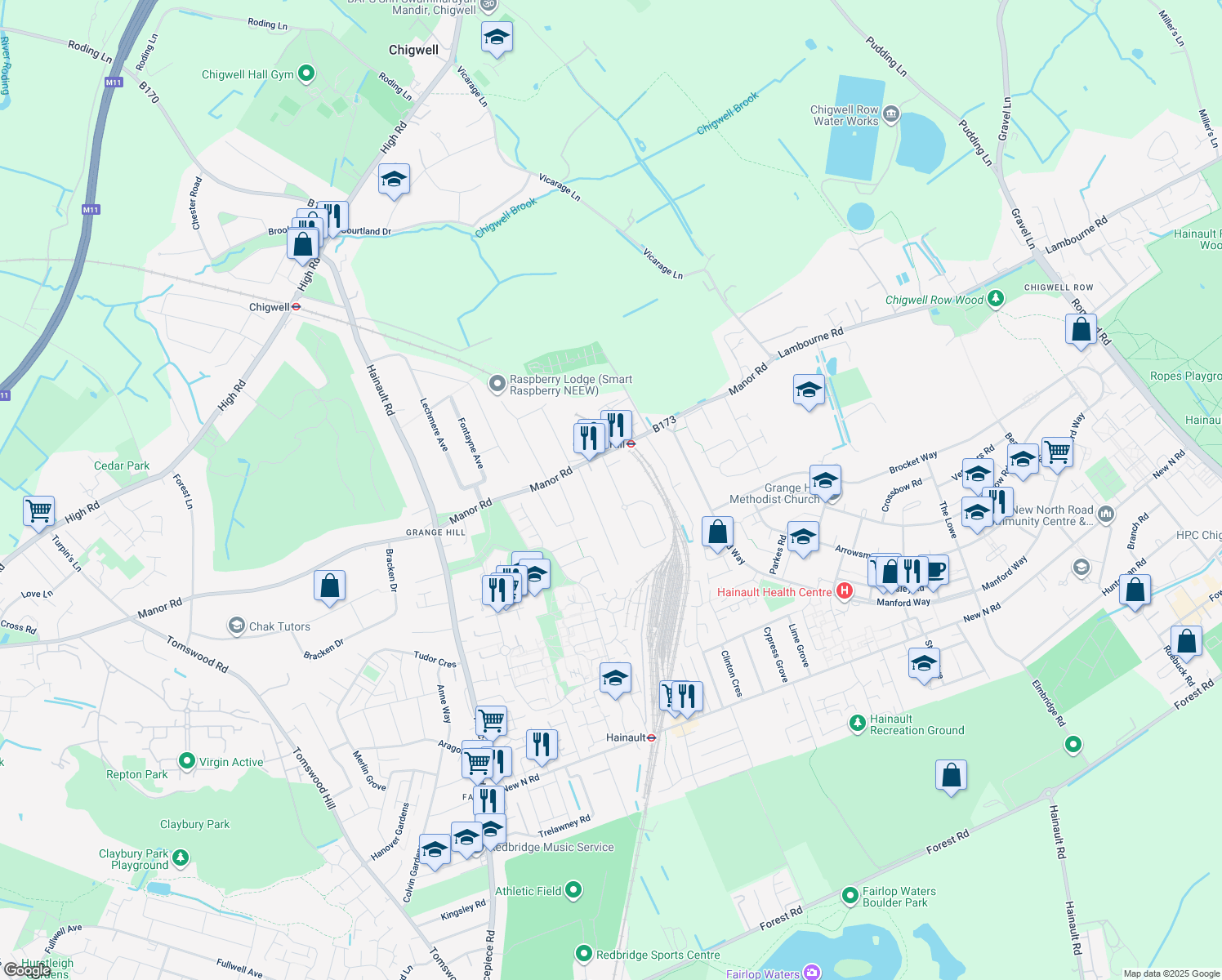 map of restaurants, bars, coffee shops, grocery stores, and more near 20 Grange Crescent in Essex