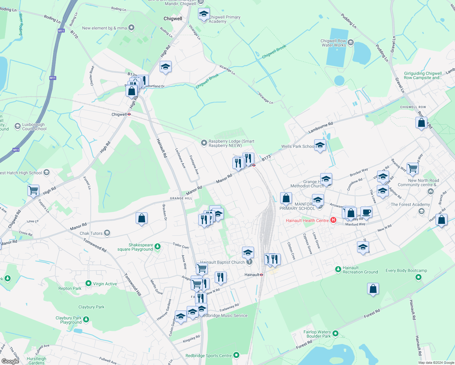 map of restaurants, bars, coffee shops, grocery stores, and more near 10 Millwell Crescent in Essex
