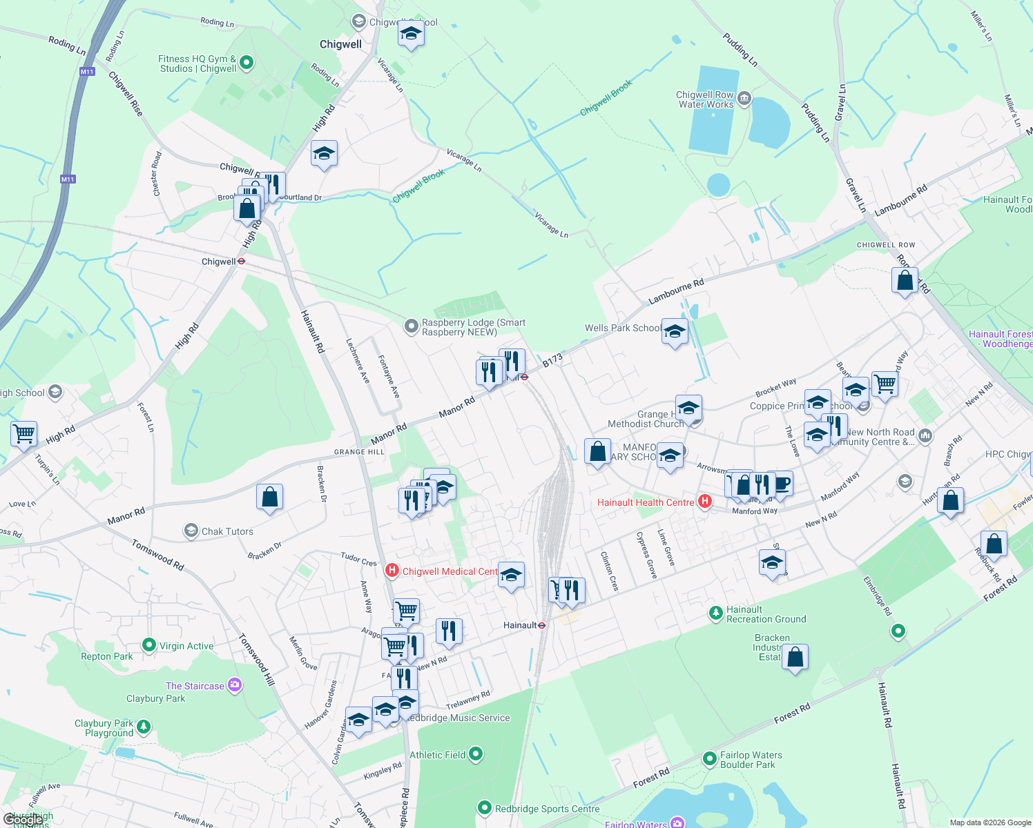 map of restaurants, bars, coffee shops, grocery stores, and more near 20 Grange Crescent in Essex