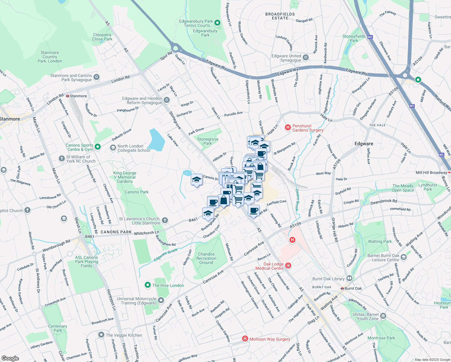 map of restaurants, bars, coffee shops, grocery stores, and more near 136 High Street in Greater London