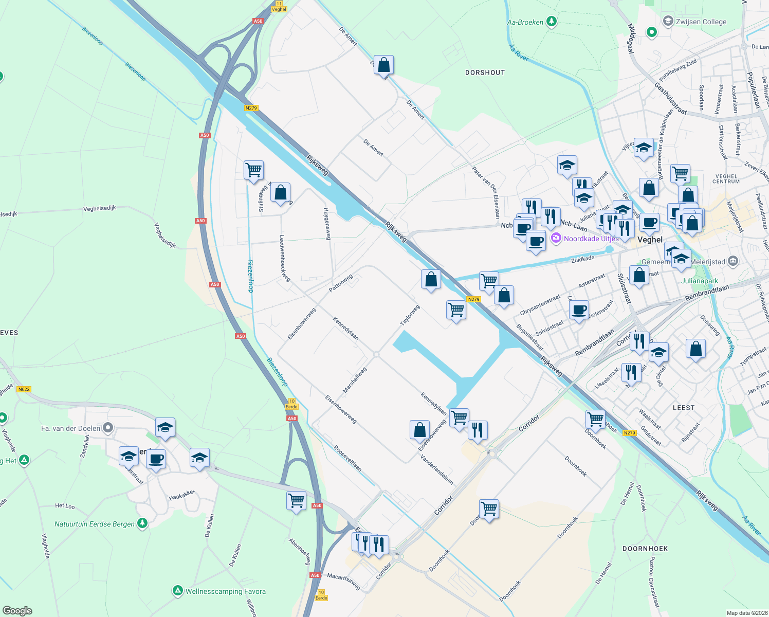 map of restaurants, bars, coffee shops, grocery stores, and more near 5 Taylorweg in Veghel