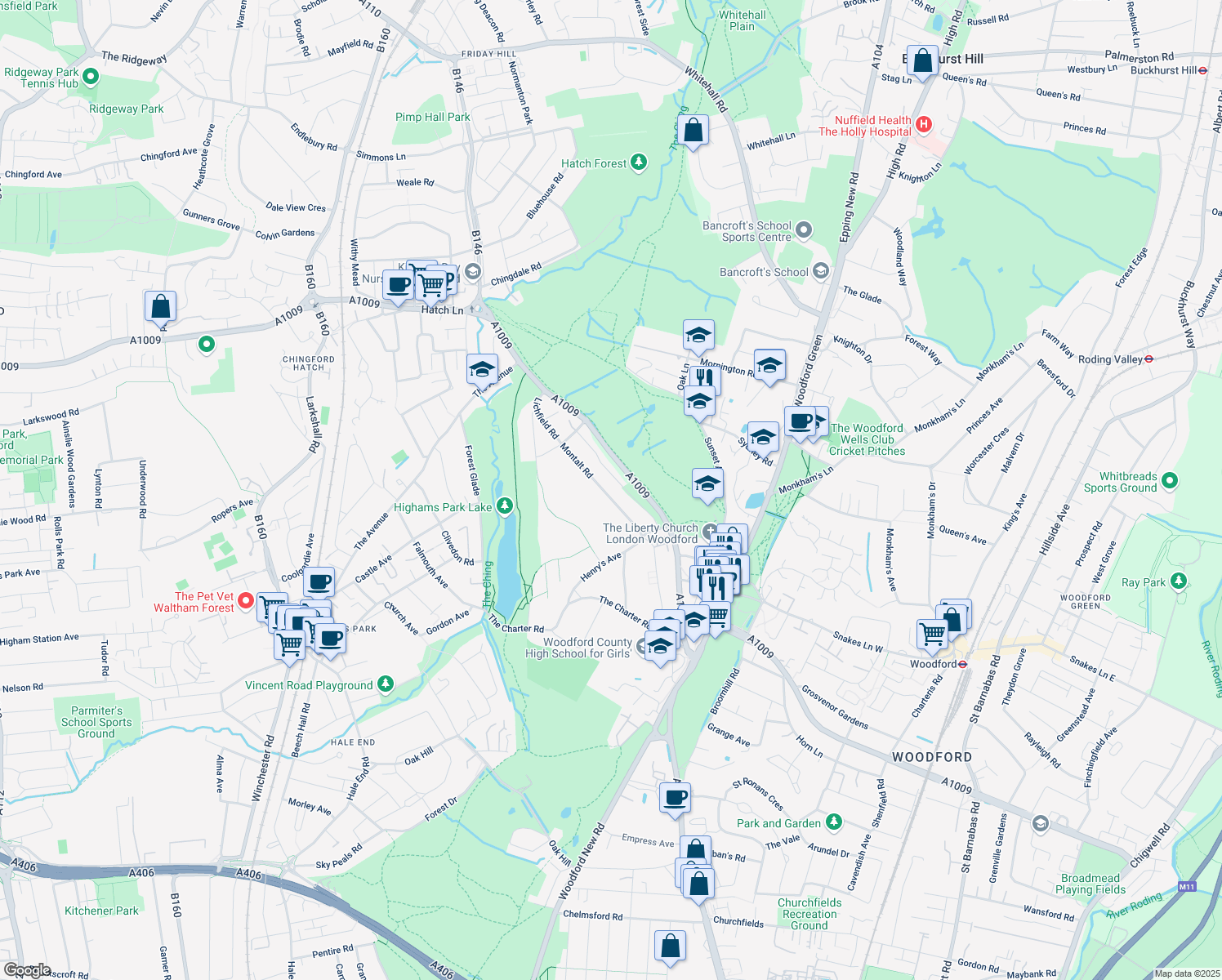 map of restaurants, bars, coffee shops, grocery stores, and more near in Greater London