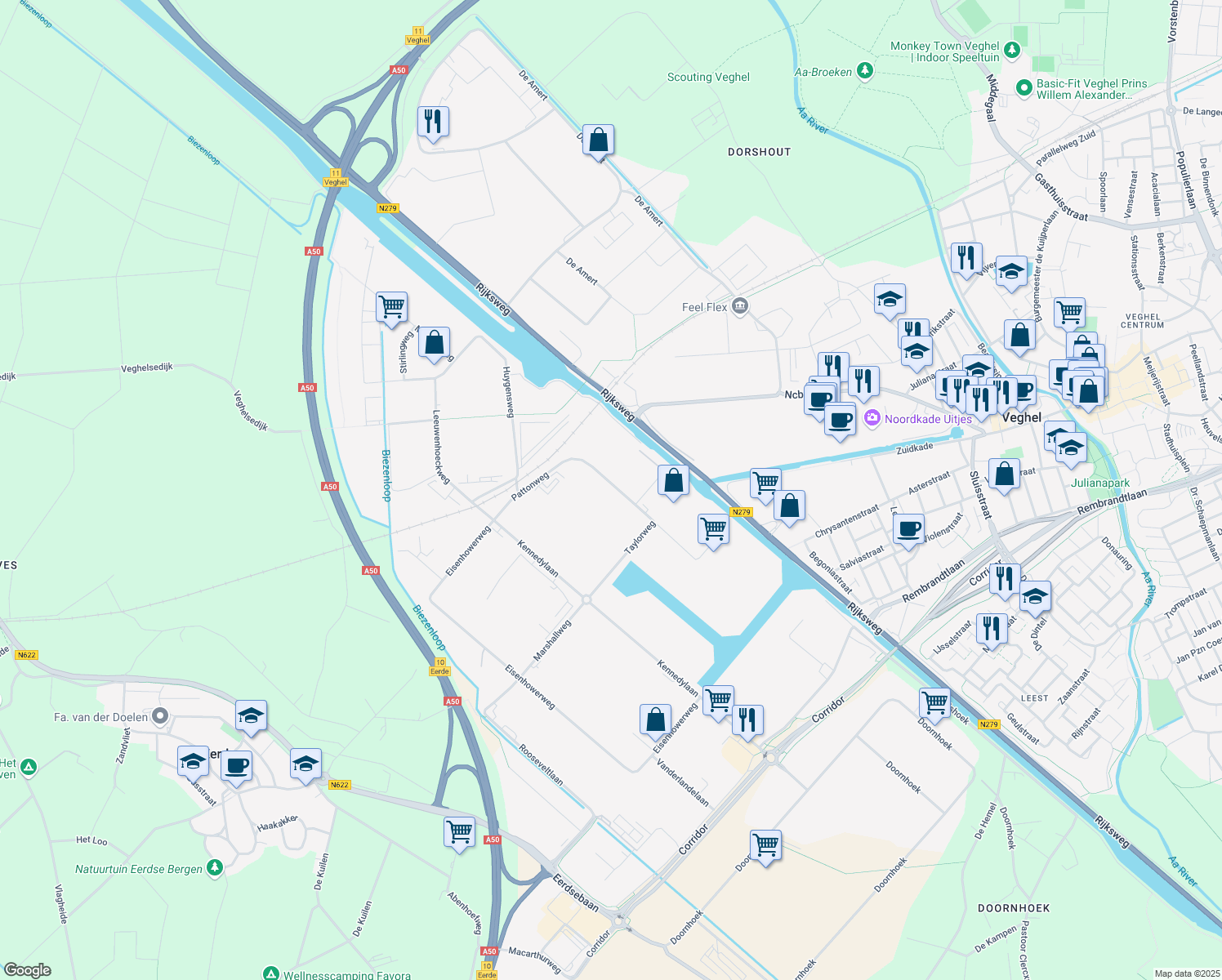 map of restaurants, bars, coffee shops, grocery stores, and more near 5 Taylorweg in Veghel