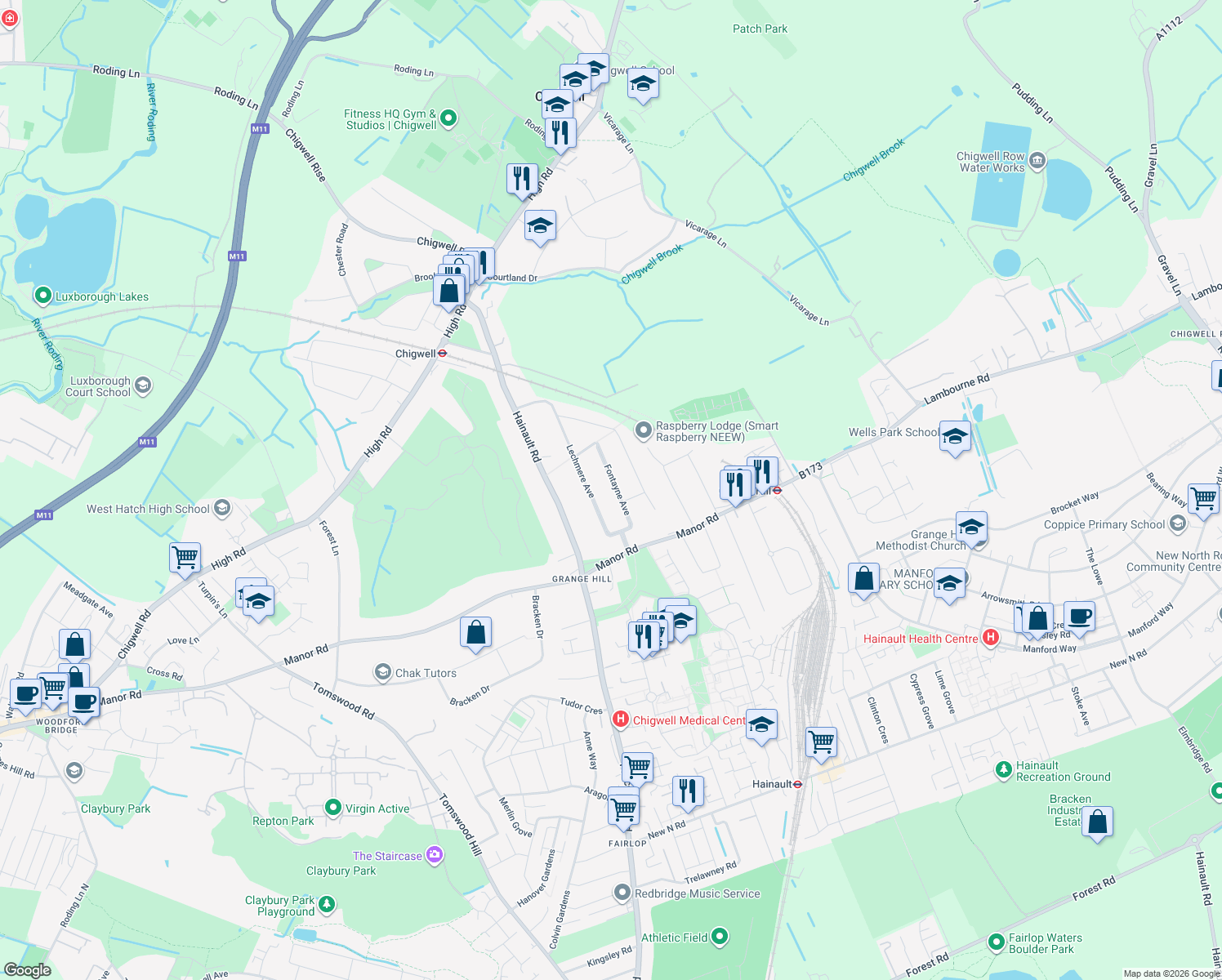 map of restaurants, bars, coffee shops, grocery stores, and more near 32 Fontayne Avenue in Chigwell