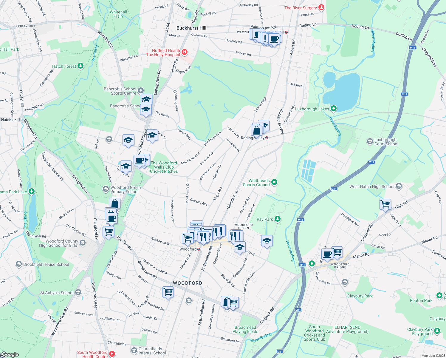 map of restaurants, bars, coffee shops, grocery stores, and more near 101 King's Avenue in Greater London