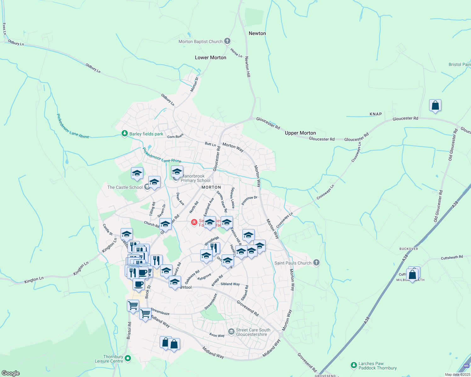 map of restaurants, bars, coffee shops, grocery stores, and more near 28 Squires Leaze in Thornbury