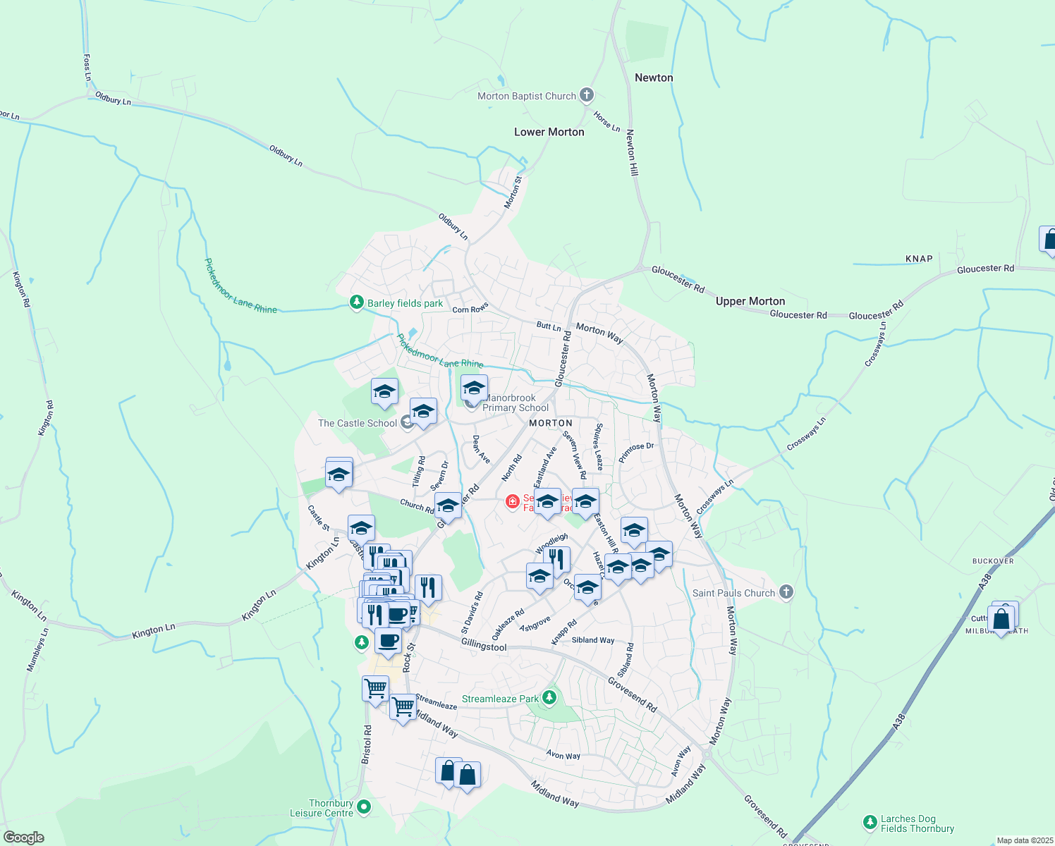 map of restaurants, bars, coffee shops, grocery stores, and more near 85 Gloucester Road in Thornbury