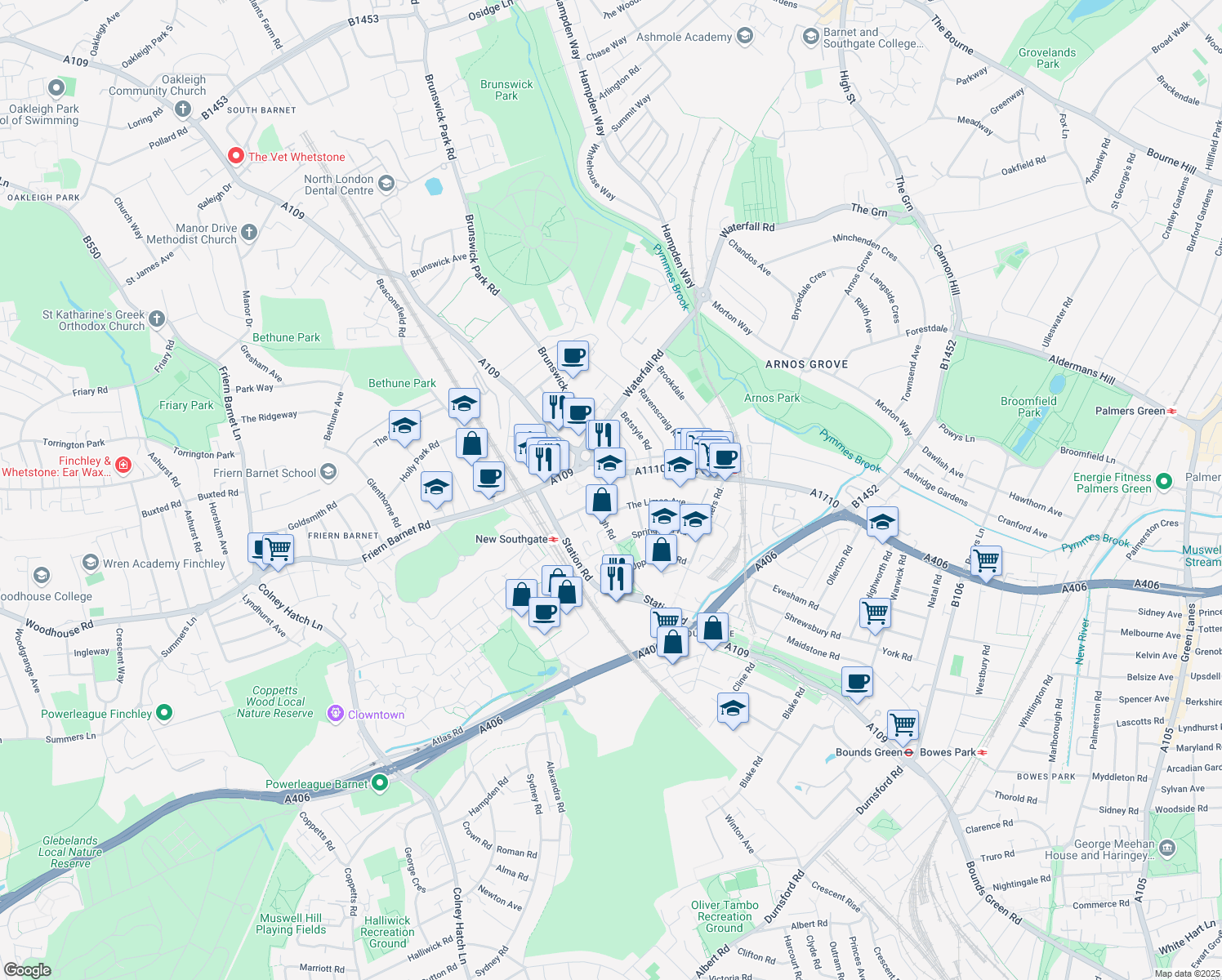 map of restaurants, bars, coffee shops, grocery stores, and more near 7 Grove Road in Greater London