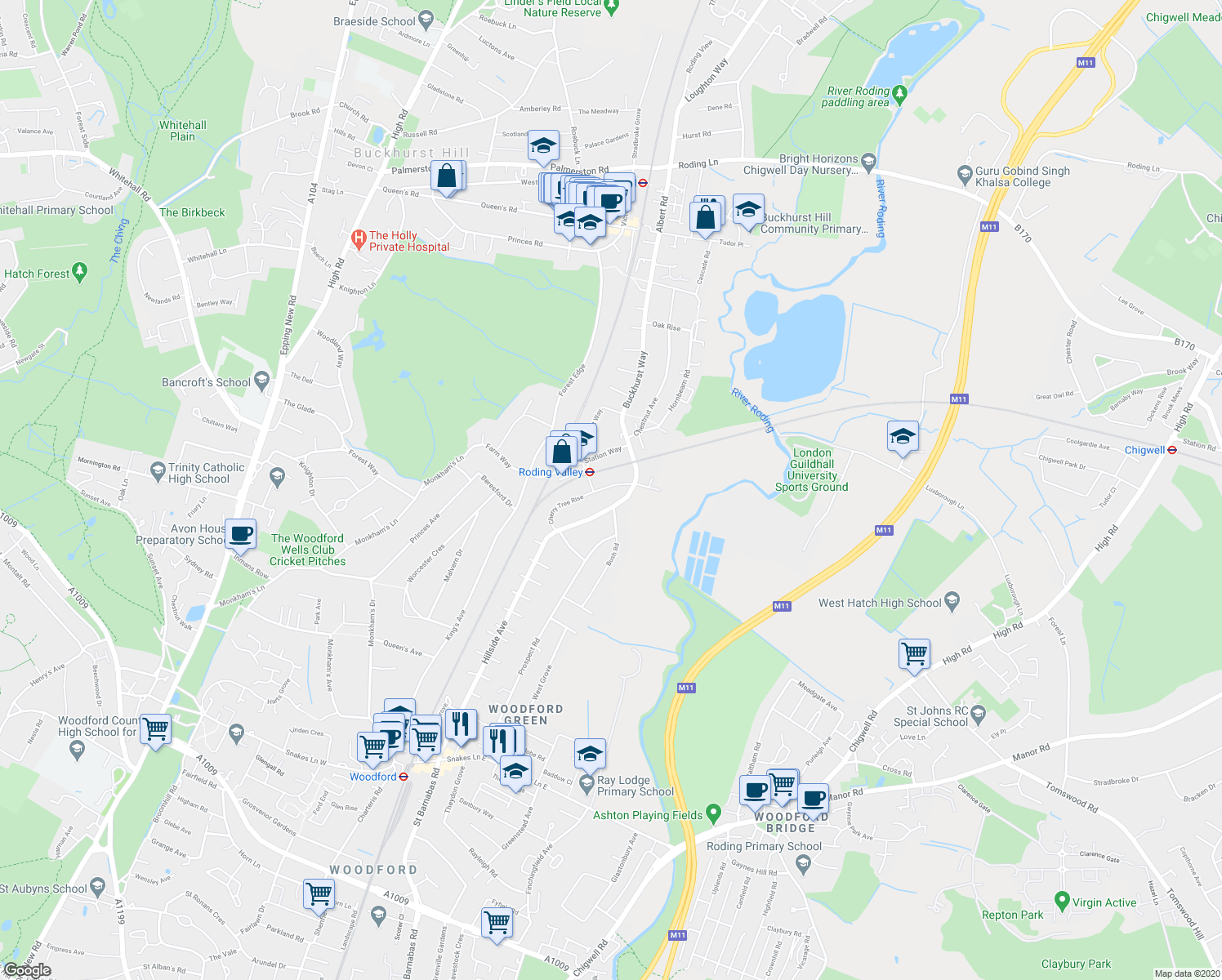 map of restaurants, bars, coffee shops, grocery stores, and more near 12 Cherry Tree Rise in Greater London