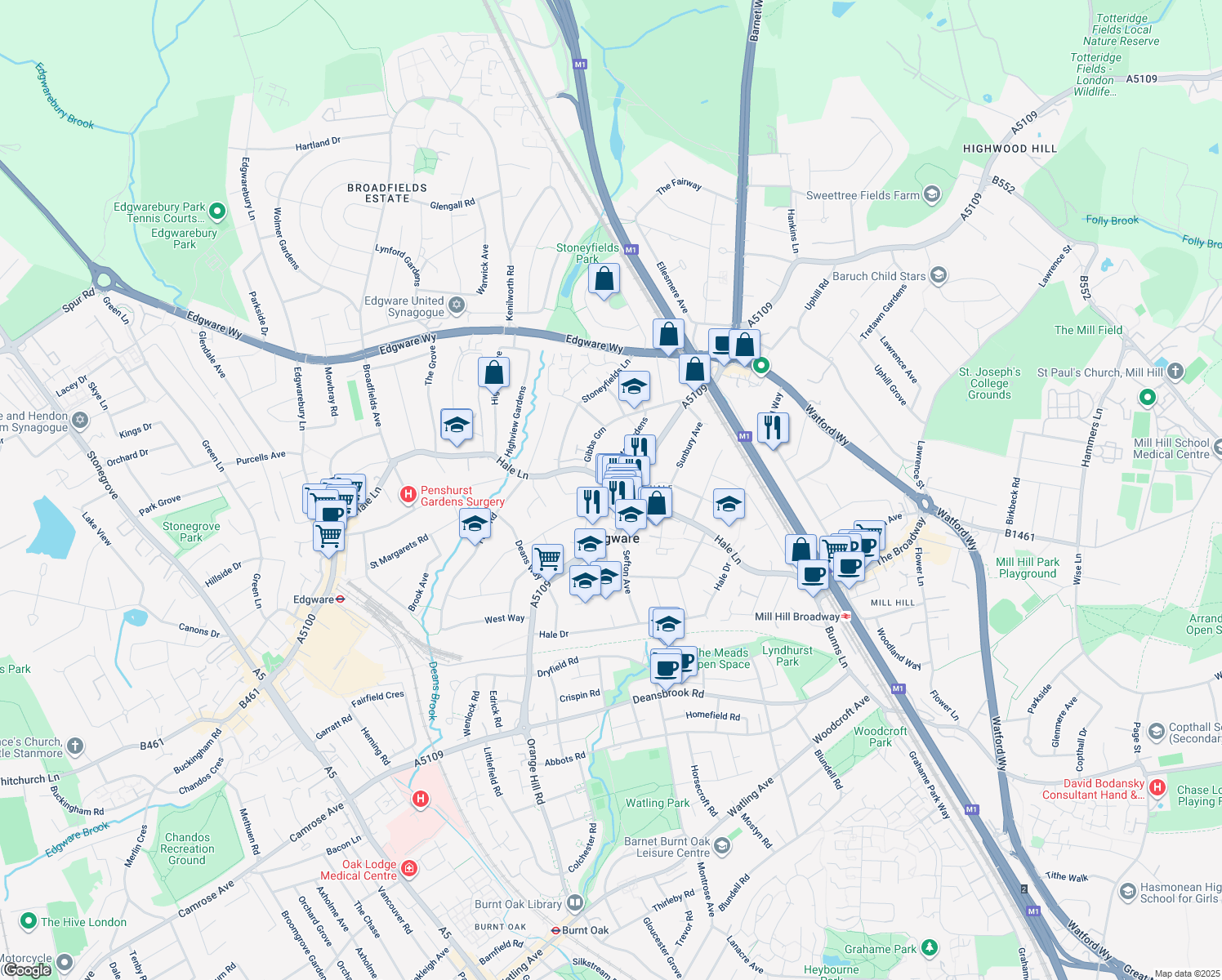map of restaurants, bars, coffee shops, grocery stores, and more near Hale Lane in Edgware