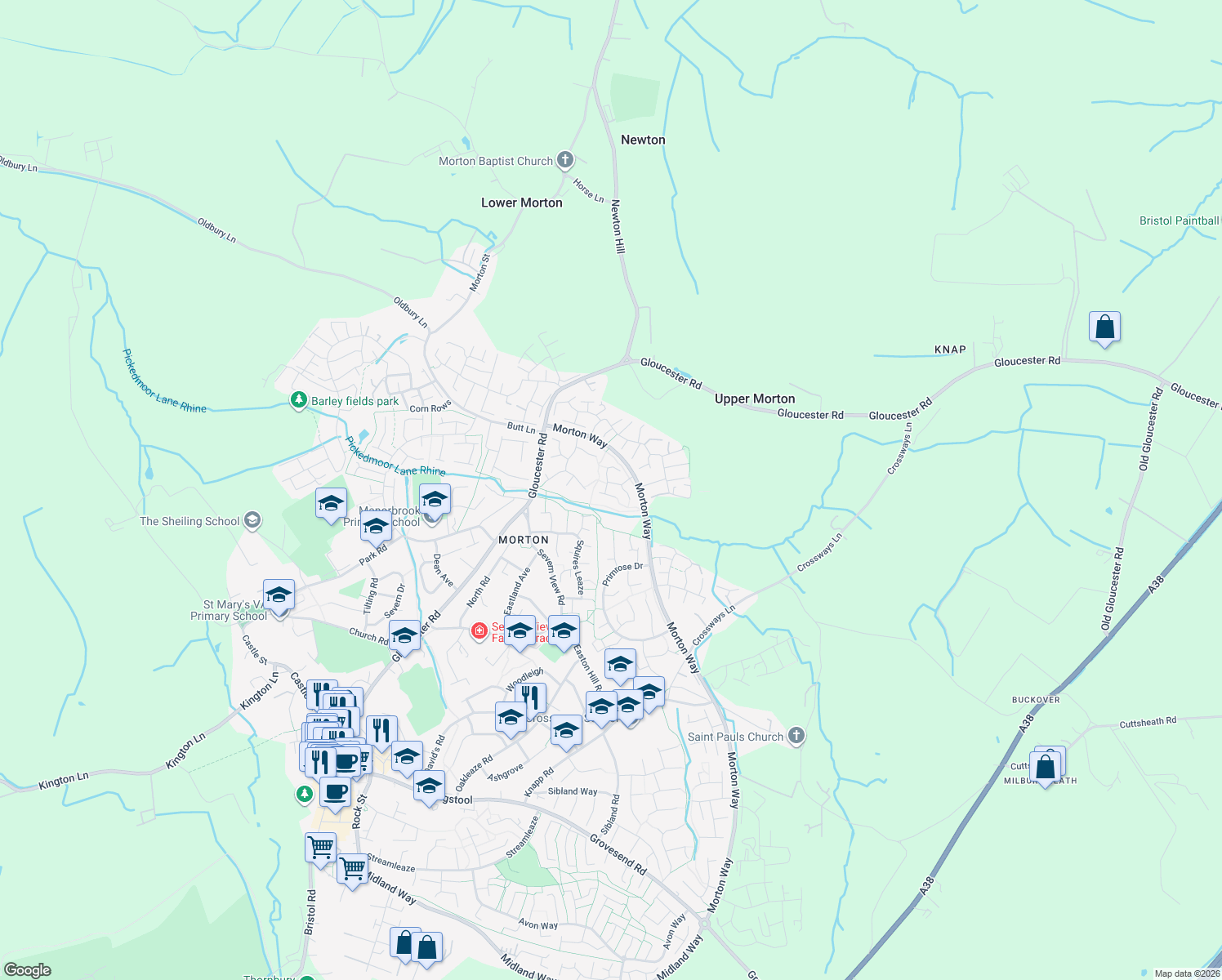 map of restaurants, bars, coffee shops, grocery stores, and more near 56 Osprey Park in Thornbury
