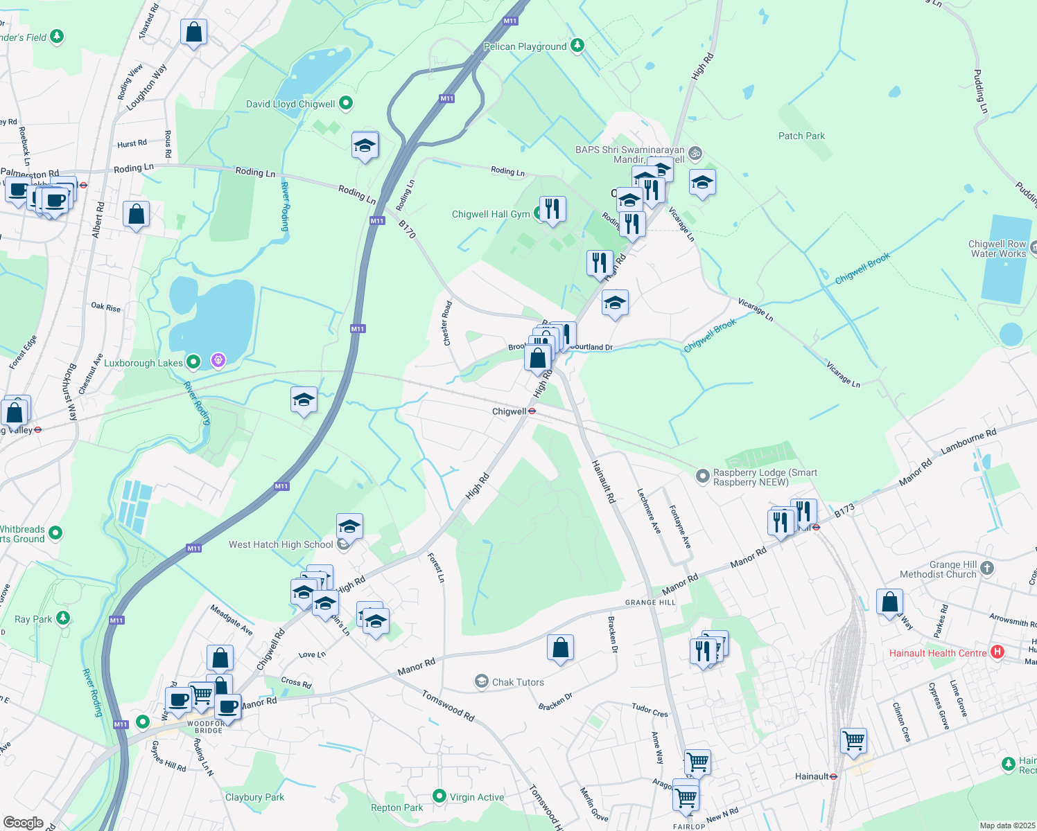 map of restaurants, bars, coffee shops, grocery stores, and more near 187 High Road in Essex