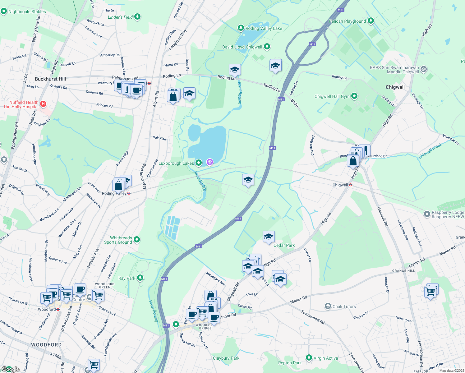 map of restaurants, bars, coffee shops, grocery stores, and more near 112 Luxborough Lane in Essex